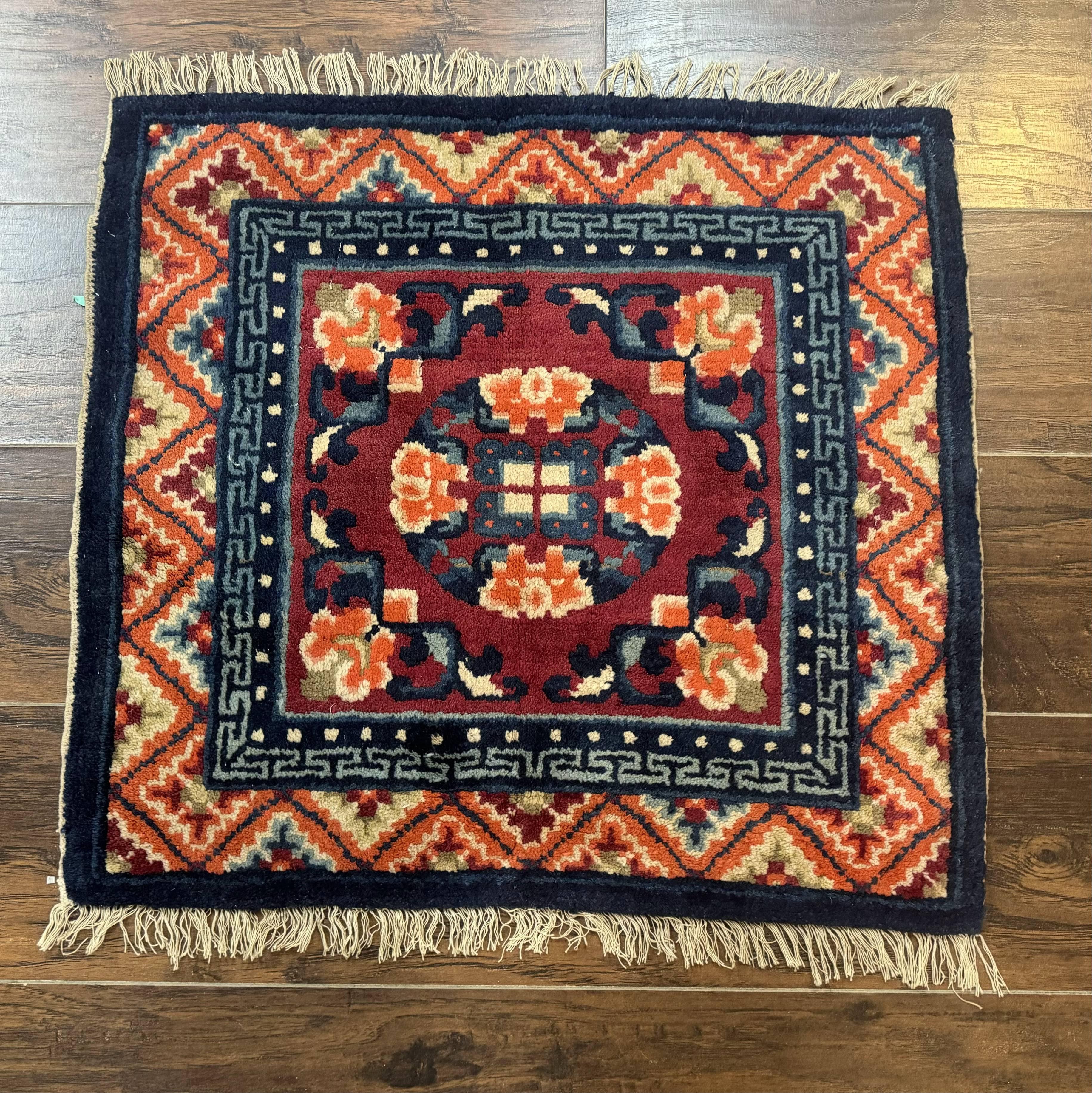 Small Antique Chinese Square Rug 2x3, Tibetan Rug, Red Orange Blue, 1920s Rug