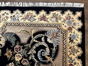 Aubusson Rug 9x12, Black and Beige, Floral, Elegant Handmade French European Design Carpet