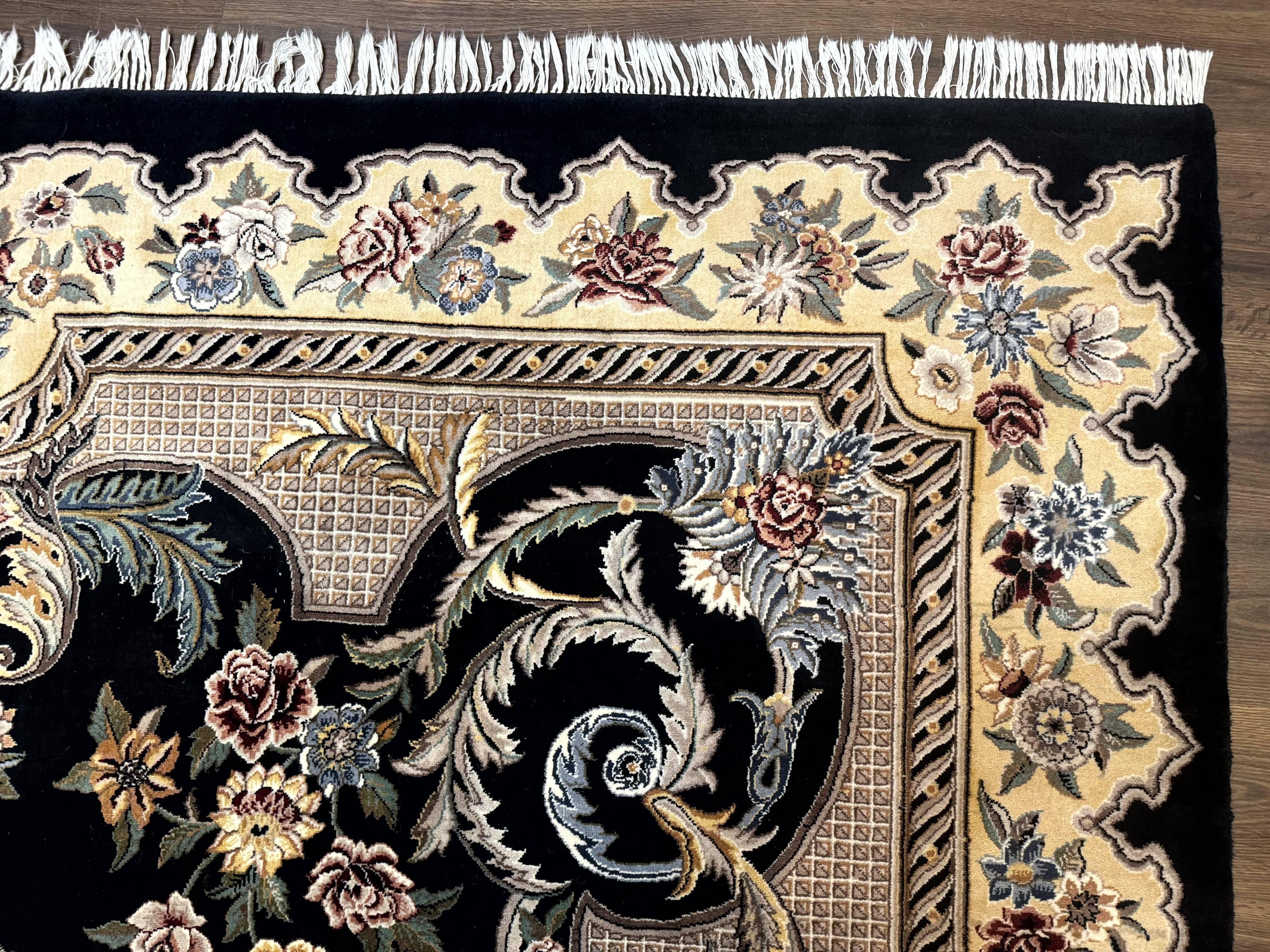 Aubusson Rug 9x12, Black and Beige, Floral, Elegant Handmade French European Design Carpet