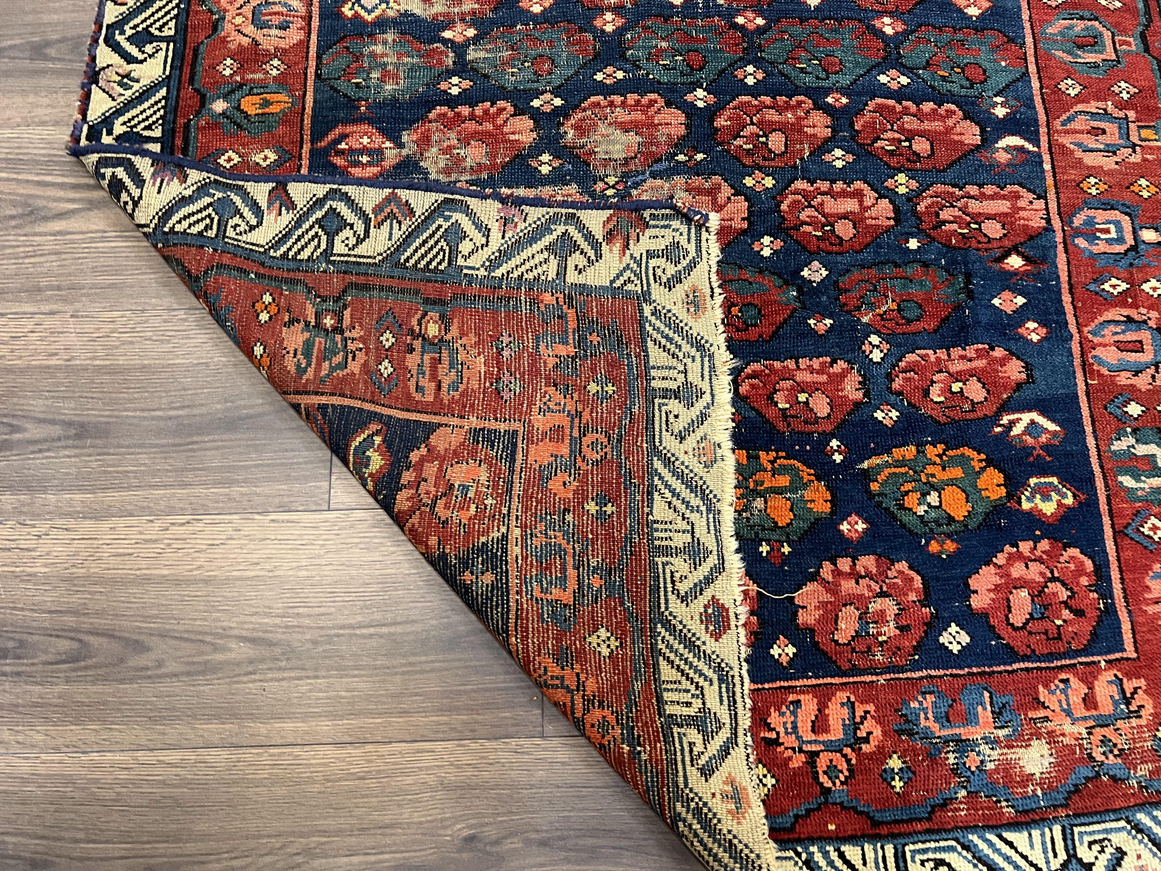 Antique Seychour Rug 4x7, Collectible Kuba Caucasian Carpet, Wool Handmade, Red Navy Blue Cream, Repeated Allover Motif, Early 20th Century