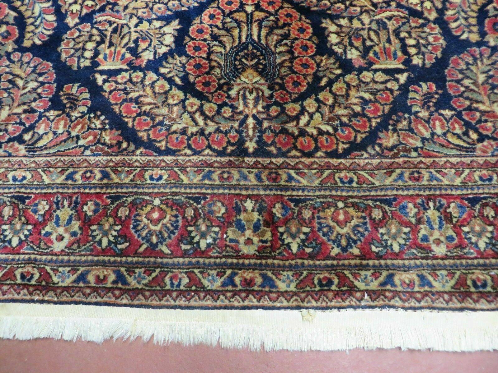Antique Persian Sarouk Rug 4x6, Hand Knotted 1920s Oriental Carpet 4 x 6 ft, Navy Blue and Red Wool Rug, Handmade Floral Allover Persian Area Rug