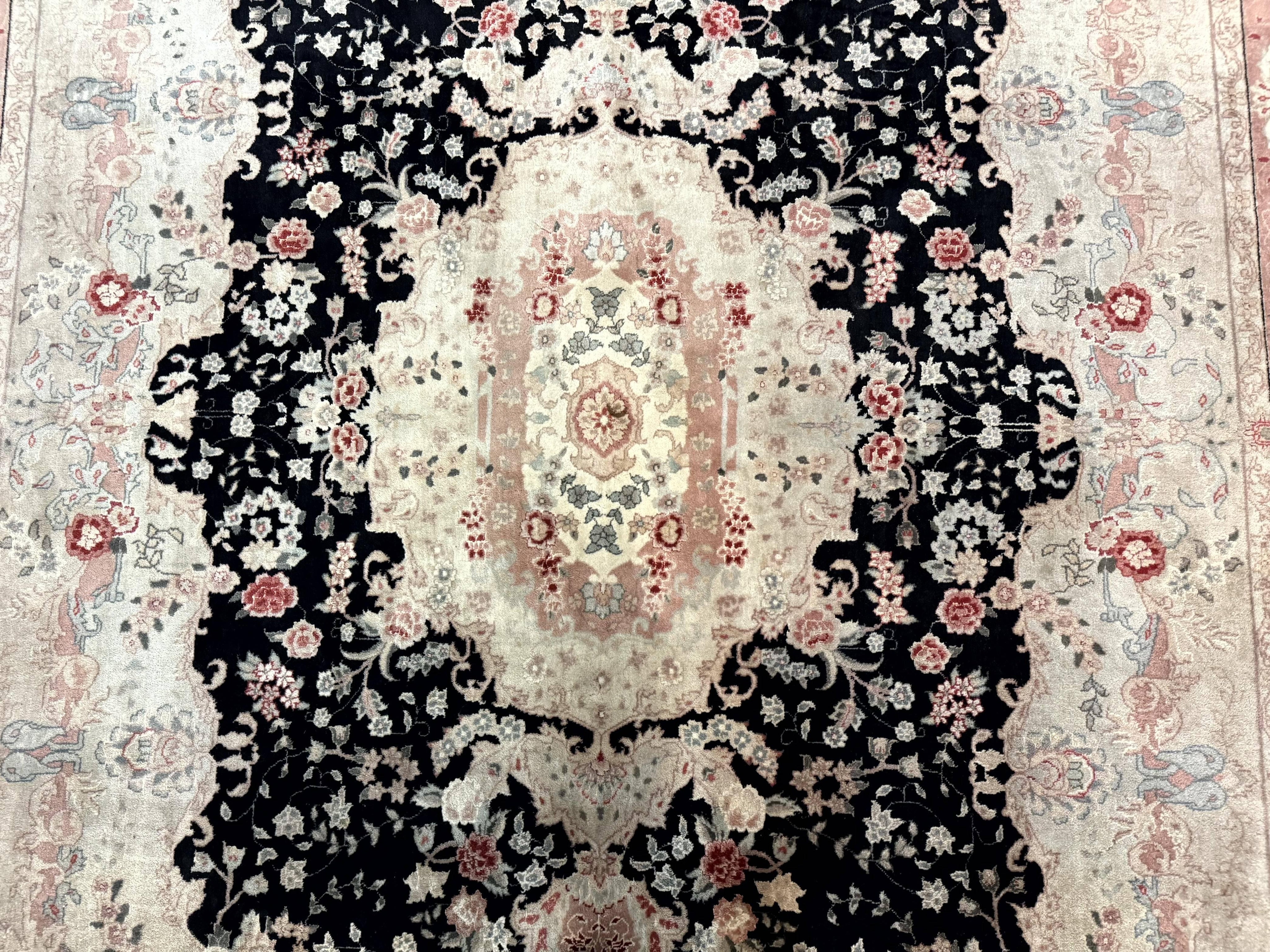 Pak Persian Tabriz Rug 8.6 x 11.6, Black Pink, Traditional Elegant Formal Oriental Carpet, Dining Room Rug, Fine 225 KPSI