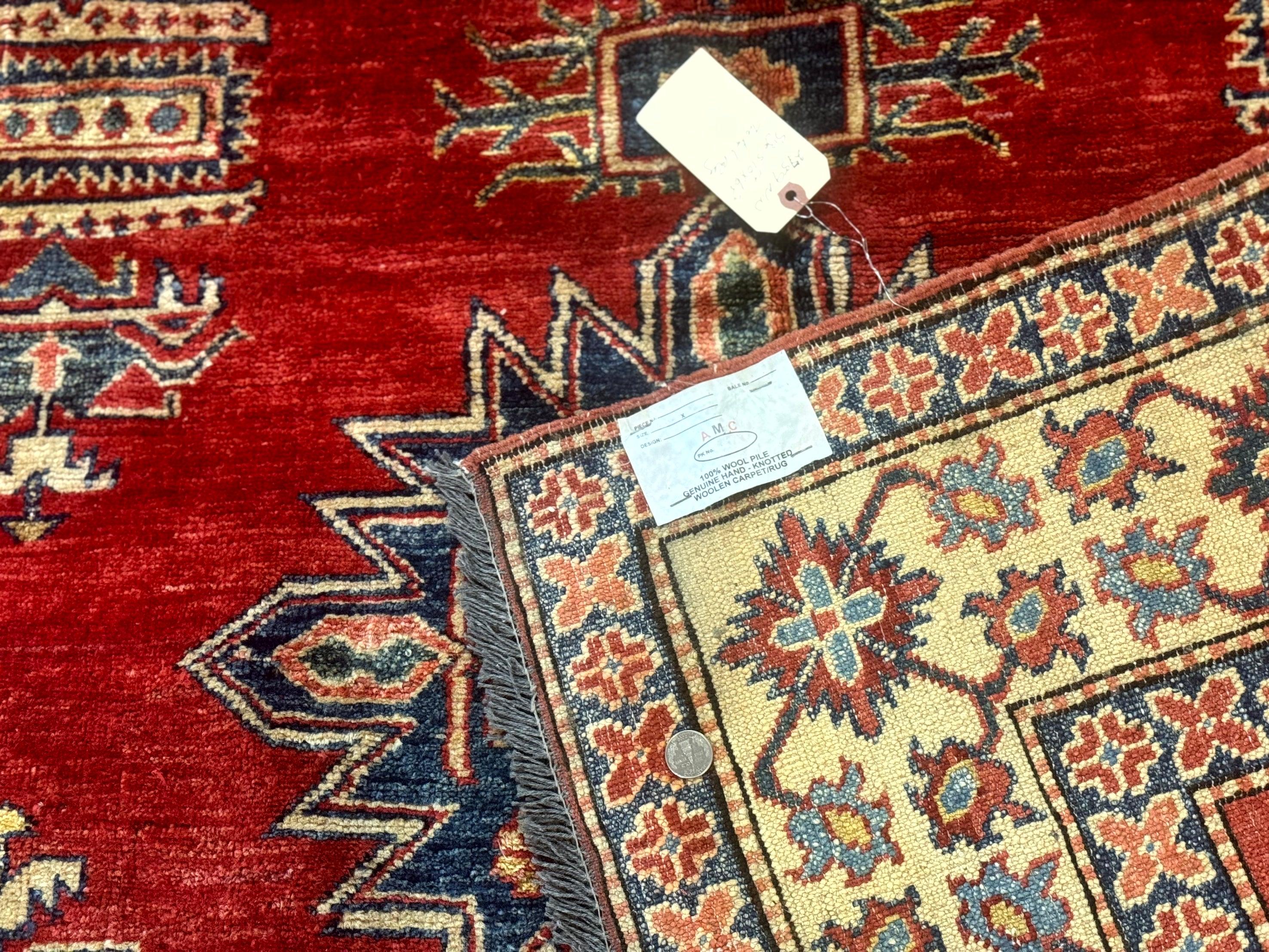 Square Turkish Rug 6x6, Azerbaijani Azeri Turkish Armenian Rug, Red Tan Blue, Geometric, Wool Carpet