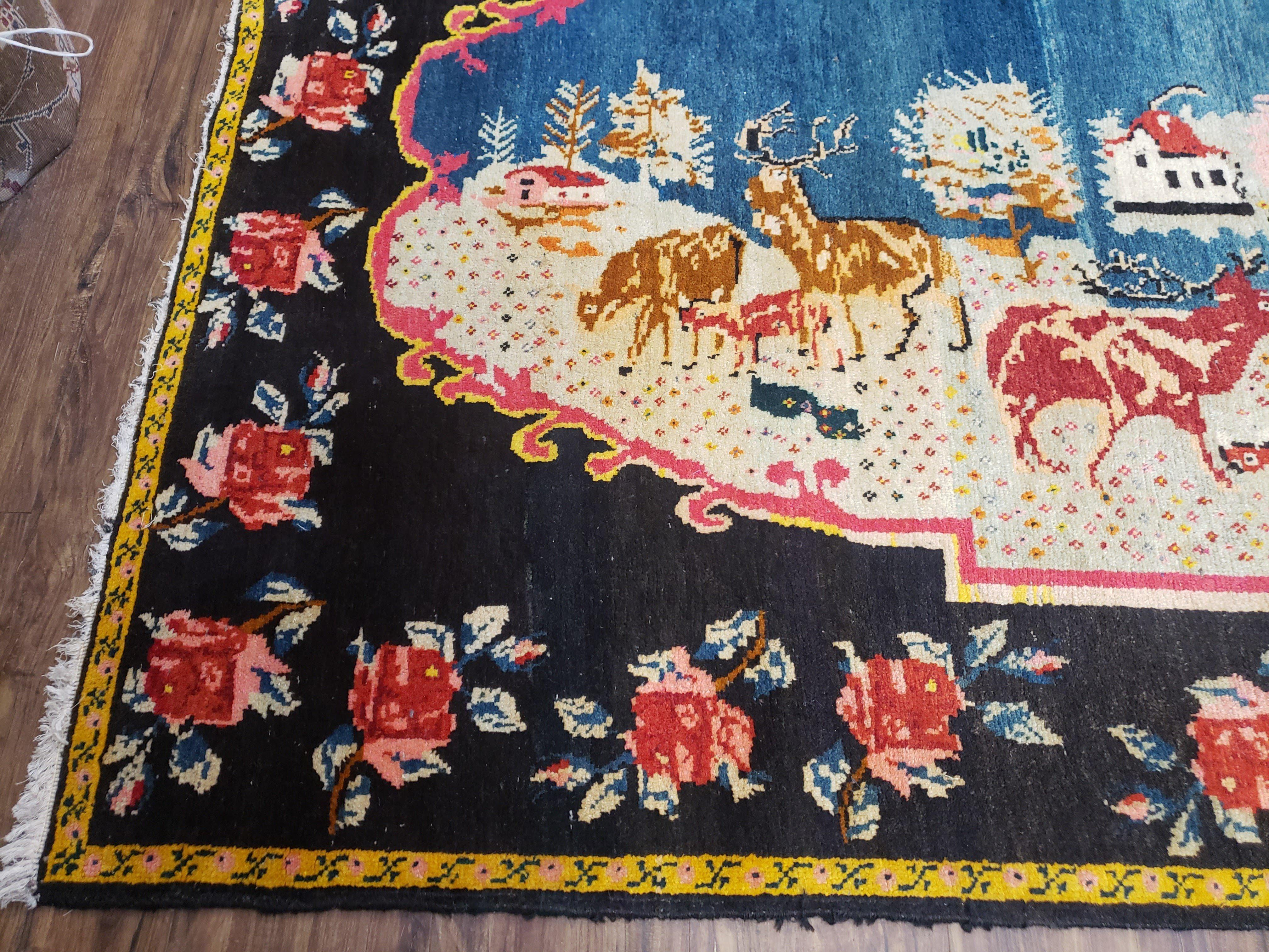 Antique Persian Pictorial Rug 4'6" x 9', Wool Hand-Knotted Blue Roses Karabagh Caucasian Carpet, 1920s Girl Deer Tapestry Wall Hanging Rug