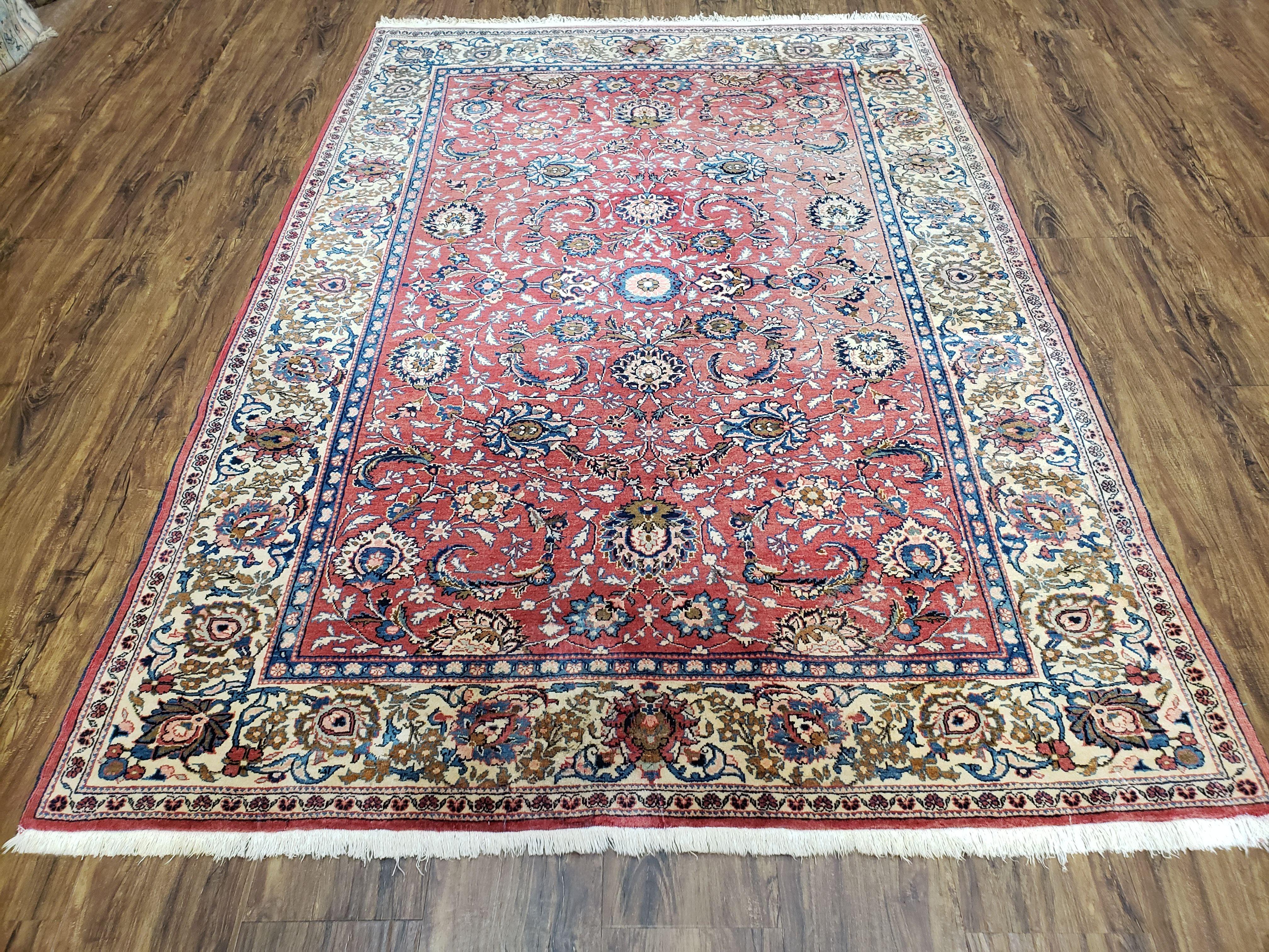 Semi Antique Persian Kashan Rug, Red & Beige, Hand-Knotted, Wool, 4'7" x 6' 6", Pair B
