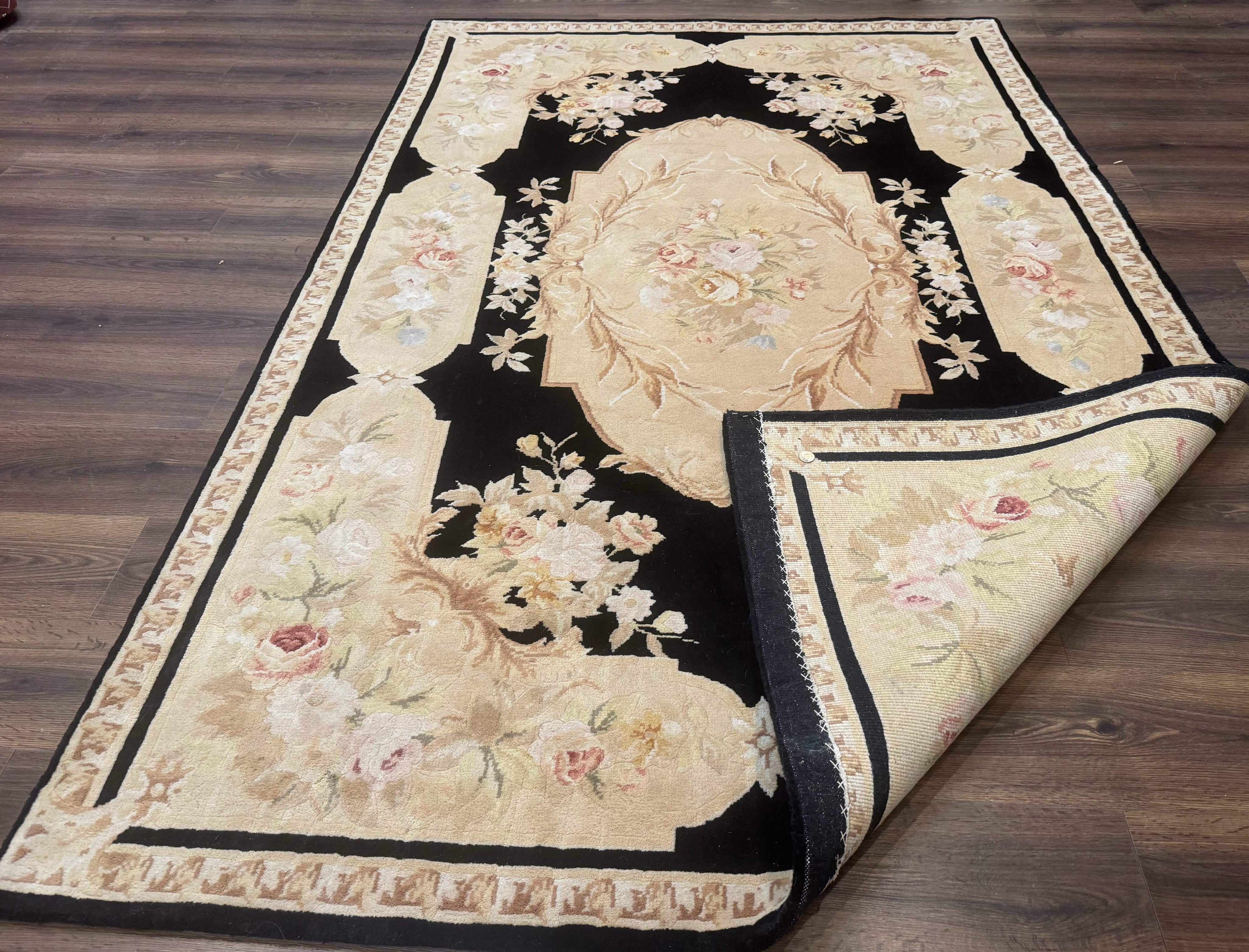 Chinese Aubusson Rug 6x9, Wool Pile, Black, Floral, Elegant