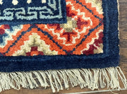 Small Antique Chinese Square Rug 2x3, Tibetan Rug, Red Orange Blue, 1920s Rug