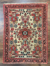 Small Antique Persian Rug 2x3, Beige and Red, Floral, Wool, Hamadan Rug