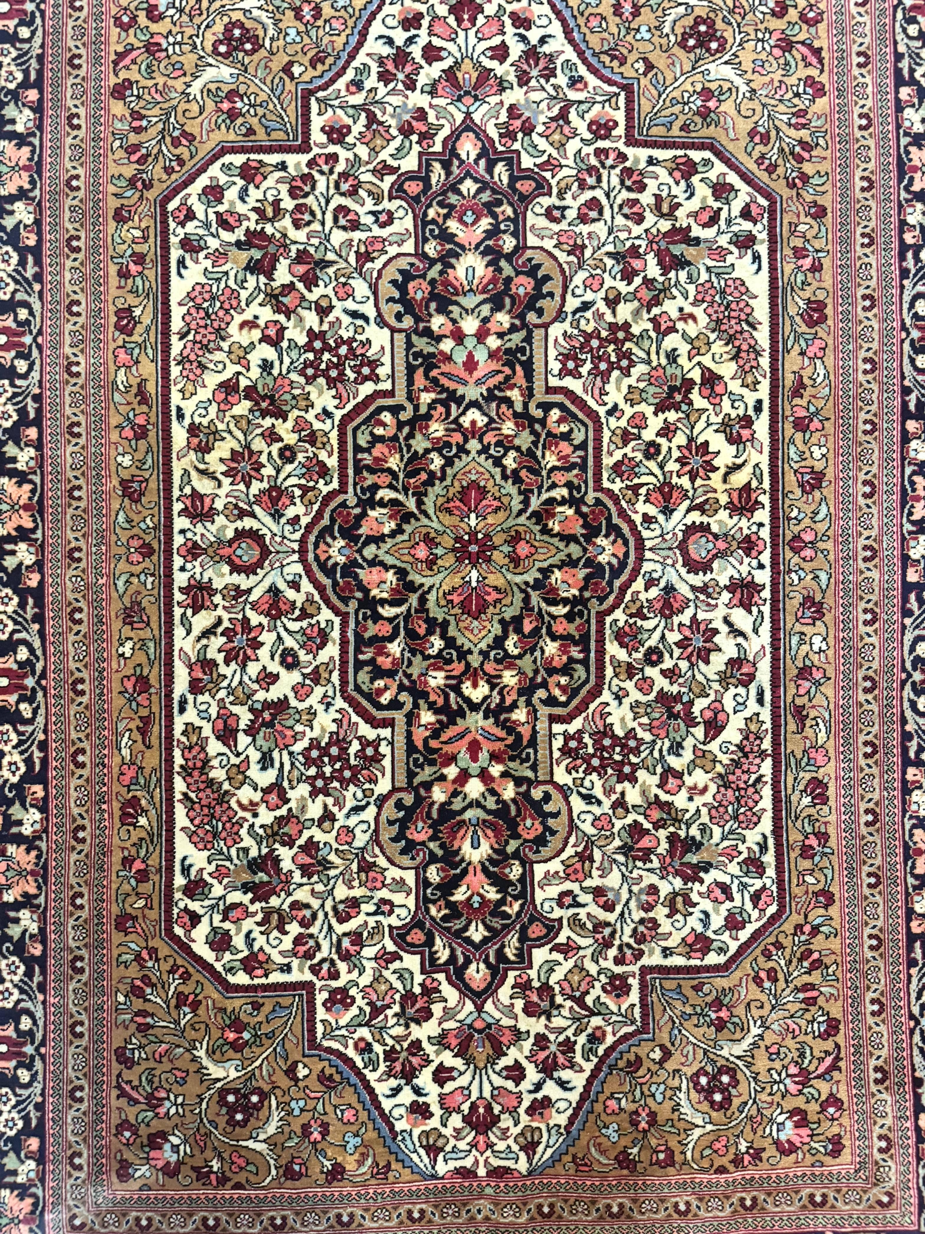 Persian Qum Rug 3.6 x 5, Kork Wool, Very Finely Hand Knotted 325 KPSI, Rare, Semi Antique