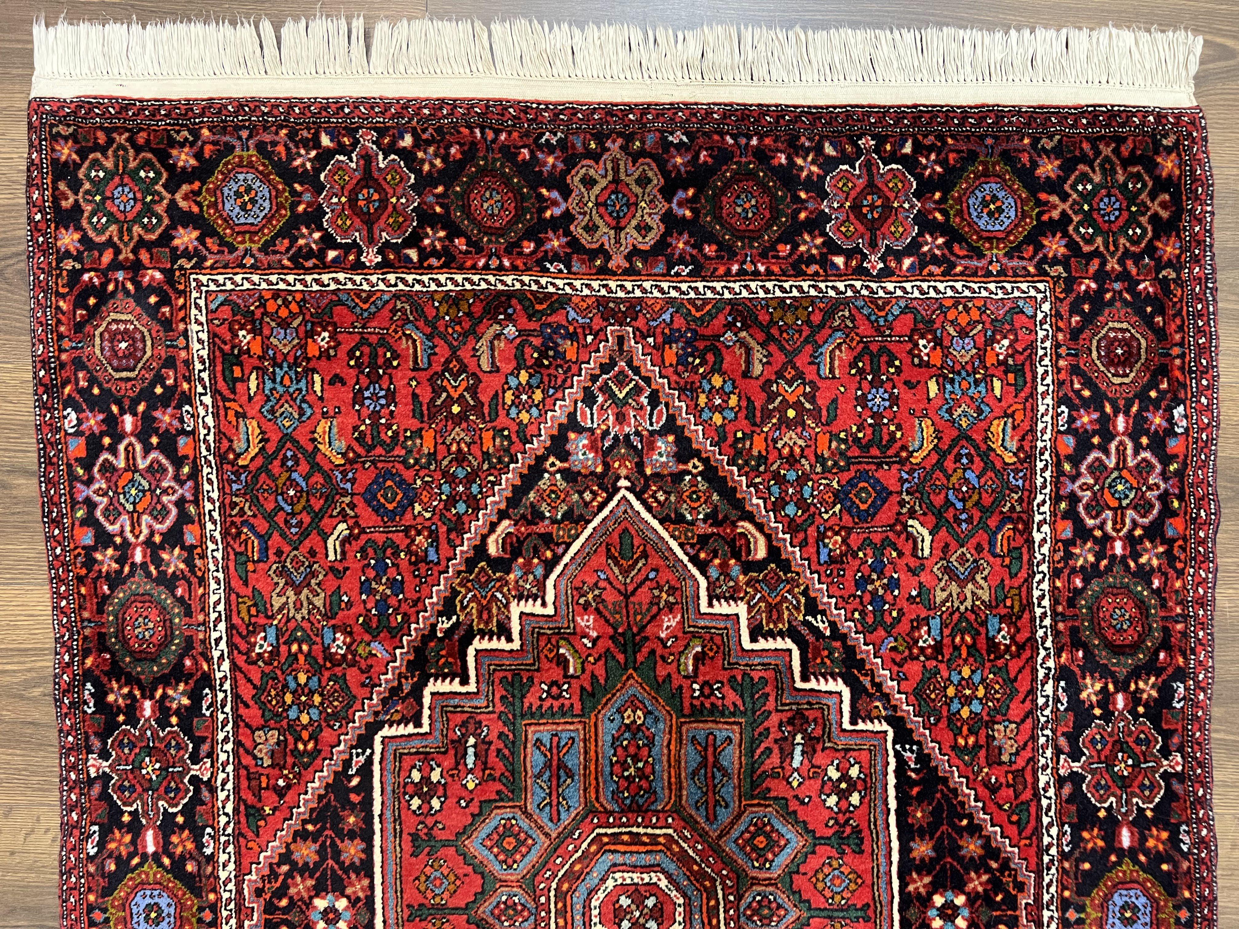 Fine Persian Bidjar Rug 3x5 ft, Ruby Red and Black, Geometric Medallion, Hand Knotted Semi Antique Oriental Bijar Carpet, Wool Area Rug, Tribal Rug