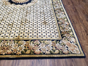 Indian Rug with Tibetan Weave, 6x8 - 6x9 Rugs, Indo-Tibetan Rug, Black and Cream Beige Tan, Floral Border, Soft Rug, Handmade Area Rug, Wool