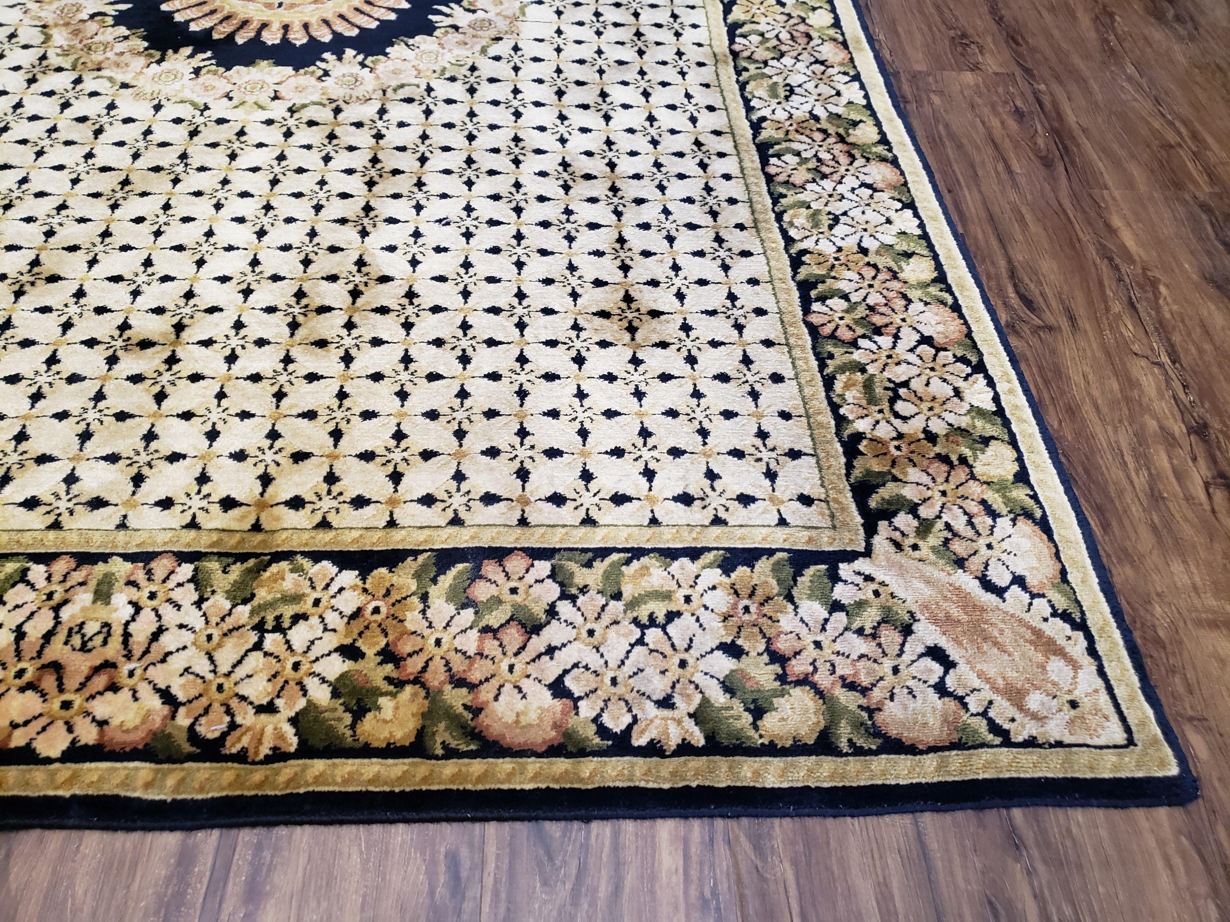 Indian Rug with Tibetan Weave, 6x8 - 6x9 Rugs, Indo-Tibetan Rug, Black and Cream Beige Tan, Floral Border, Soft Rug, Handmade Area Rug, Wool