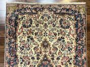 Antique Persian Kirman Rug 4x7, Cream and Navy Blue, Hand Knotted Wool Floral Carpet
