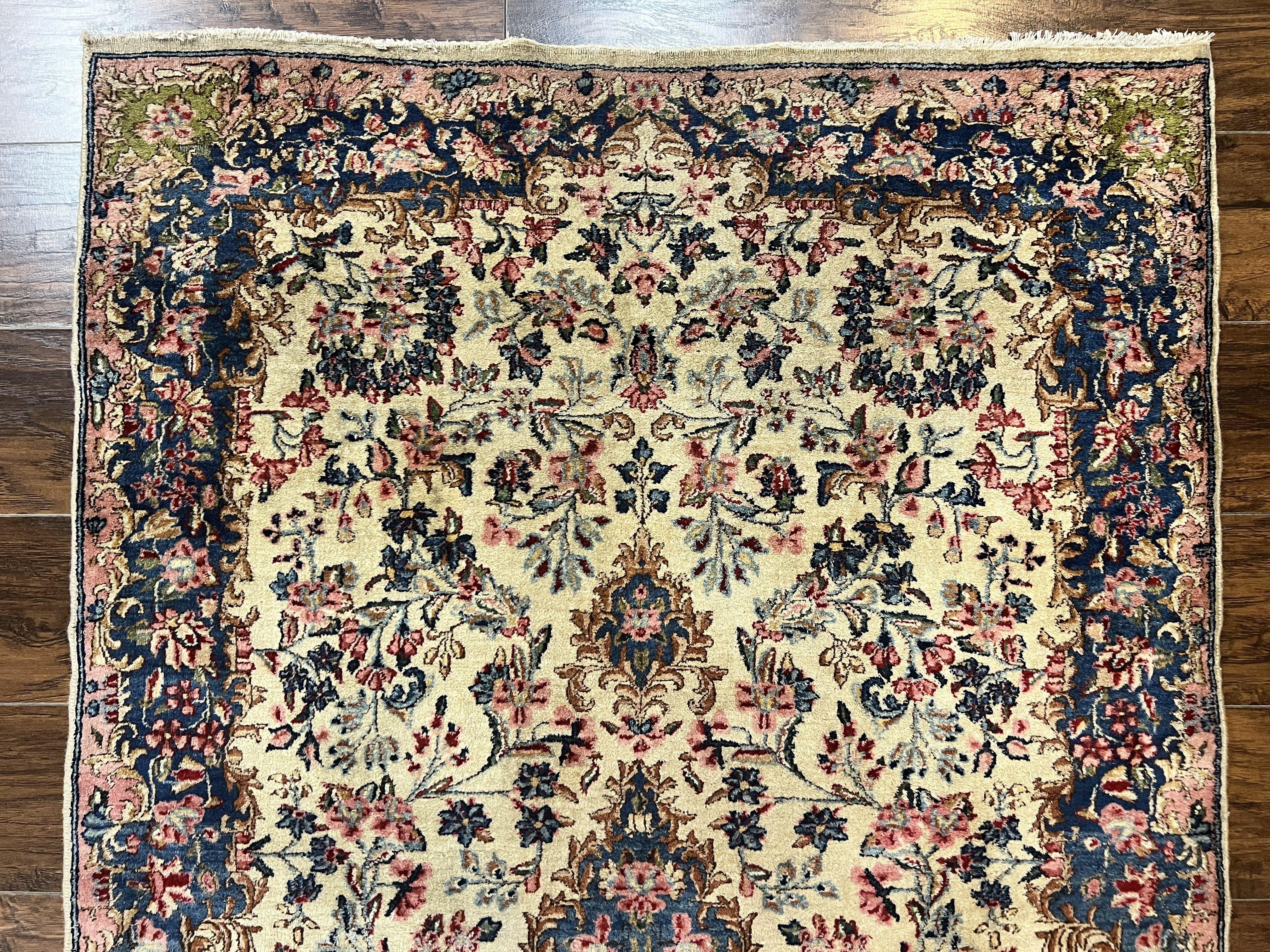 Antique Persian Kirman Rug 4x7, Cream and Navy Blue, Hand Knotted Wool Floral Carpet