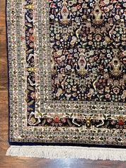 Silk Indian Kashmiri Rug 5x7, Navy Blue Indo Persian Silk Carpet 5 x 7 ft, Hand Knotted Handmade Very Fine Oriental Carpet, 450 KPSI, Birds