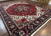 Indo Persian Heriz Rug 8x10, Geometric Medallion, Brick Red Ivory Navy Blue, Room Sized Heriz Carpet, Wool Rug