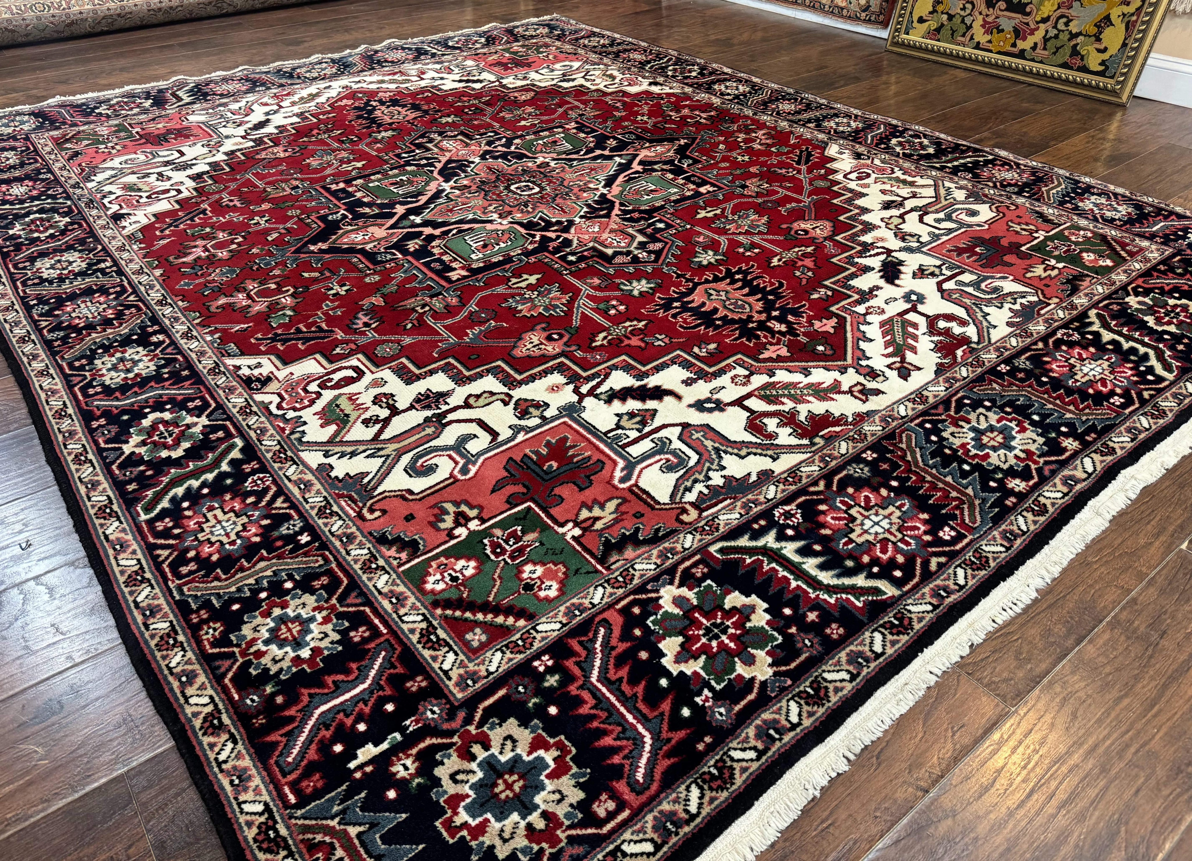 Indo Persian Heriz Rug 8x10, Geometric Medallion, Brick Red Ivory Navy Blue, Room Sized Heriz Carpet, Wool Rug