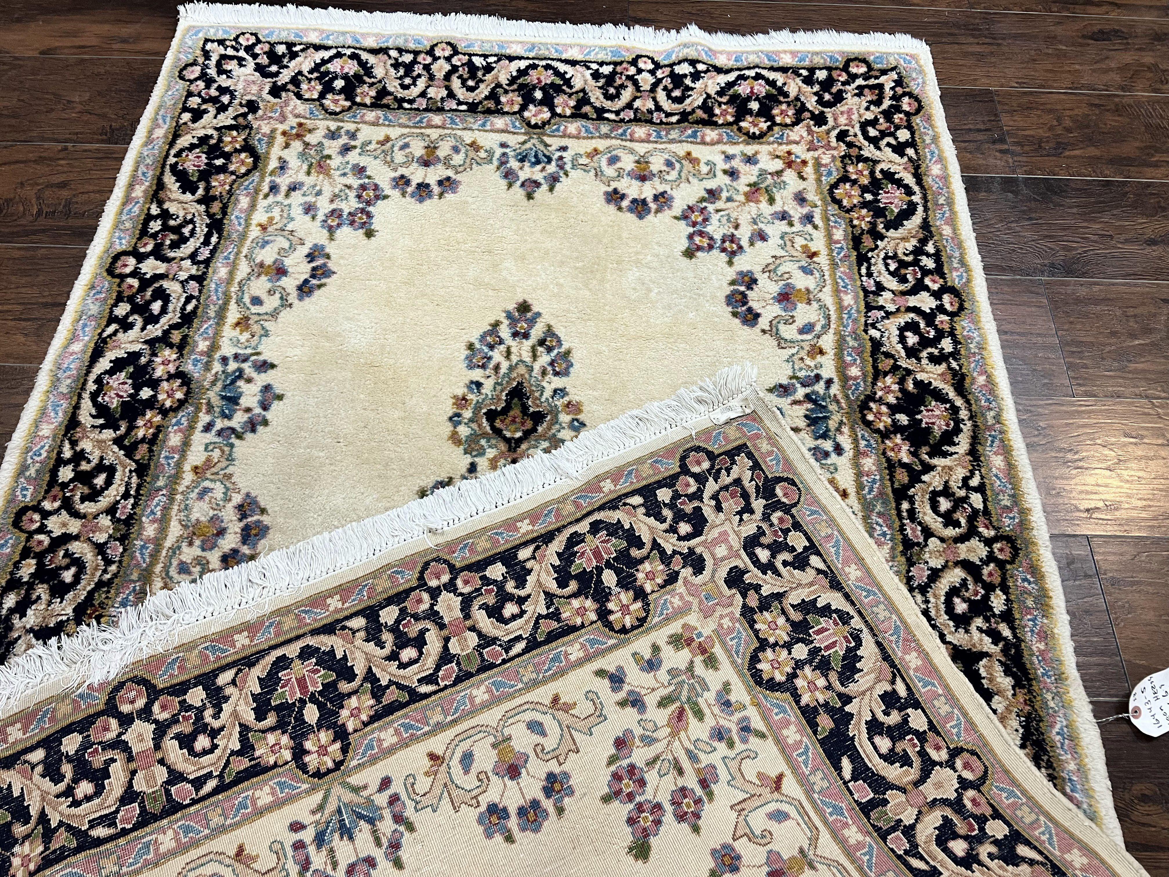 Persian Kirman Rug 4x7, Wool Hand Knotted Antique Carpet, Beige, Semi Open Field Medallion Rug, Traditional Handmade Oriental Rug