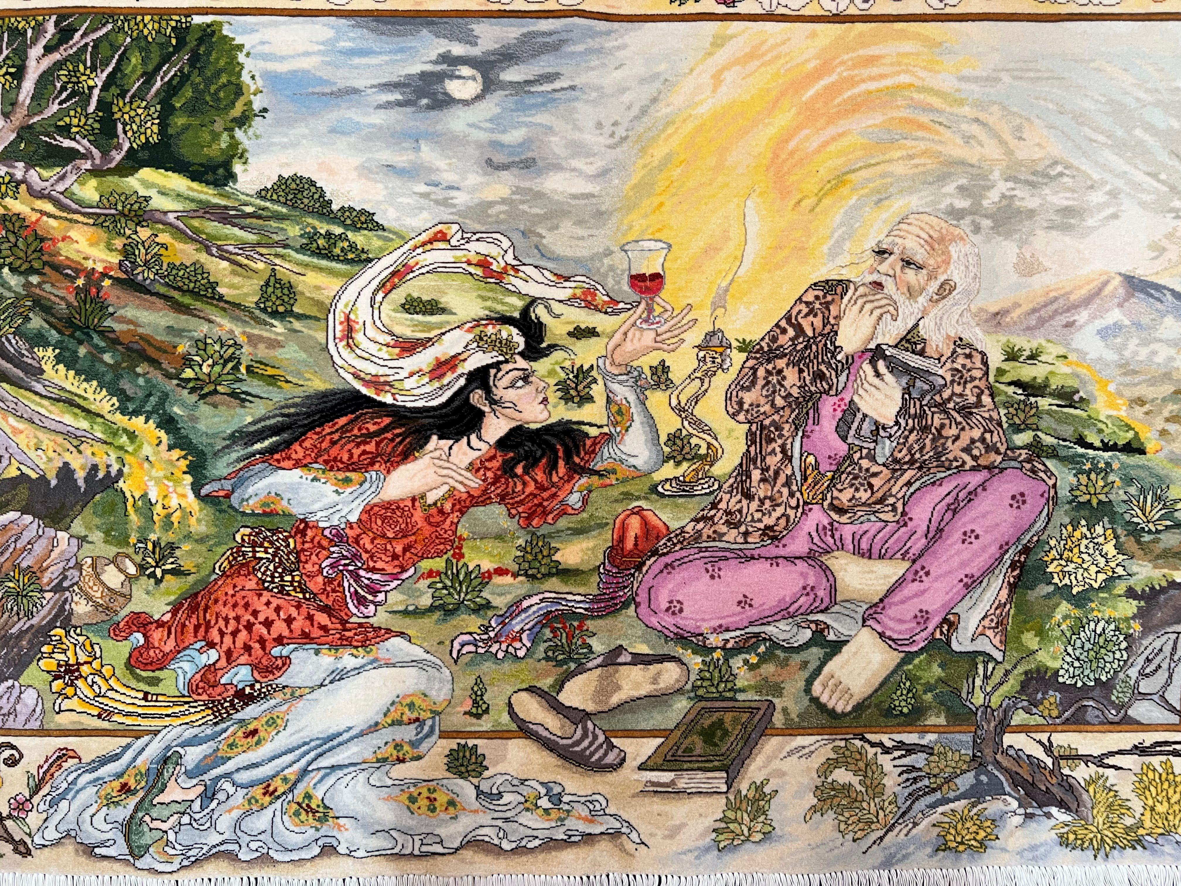 Persian Tabriz Pictorial Rug 5x3, Hafez Poetry In Border, Very Fine Hand Knotted Carpet, Wall Hanging Wool Oriental Carpet 3x5, Highly Detailed