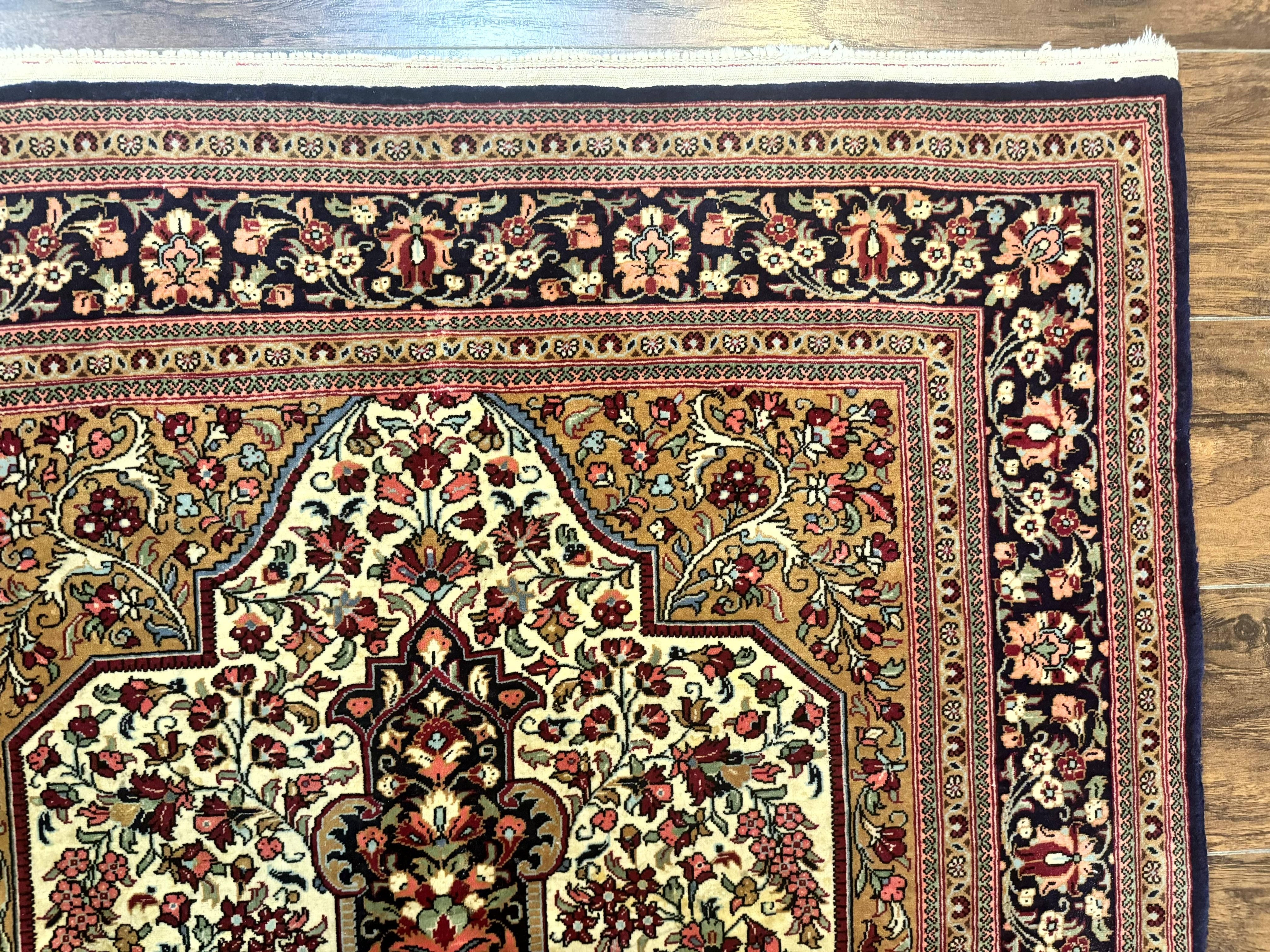 Persian Qum Rug 3.6 x 5, Kork Wool, Very Finely Hand Knotted 325 KPSI, Rare, Semi Antique