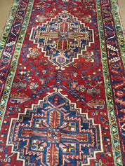 Persian Runner Rug, Heriz Runner Rug, Geometric Medallions, Red Cream Navy Blue Wool Hallway Rug 3.9 x 10.8 Antique Oriental Runner Handmade