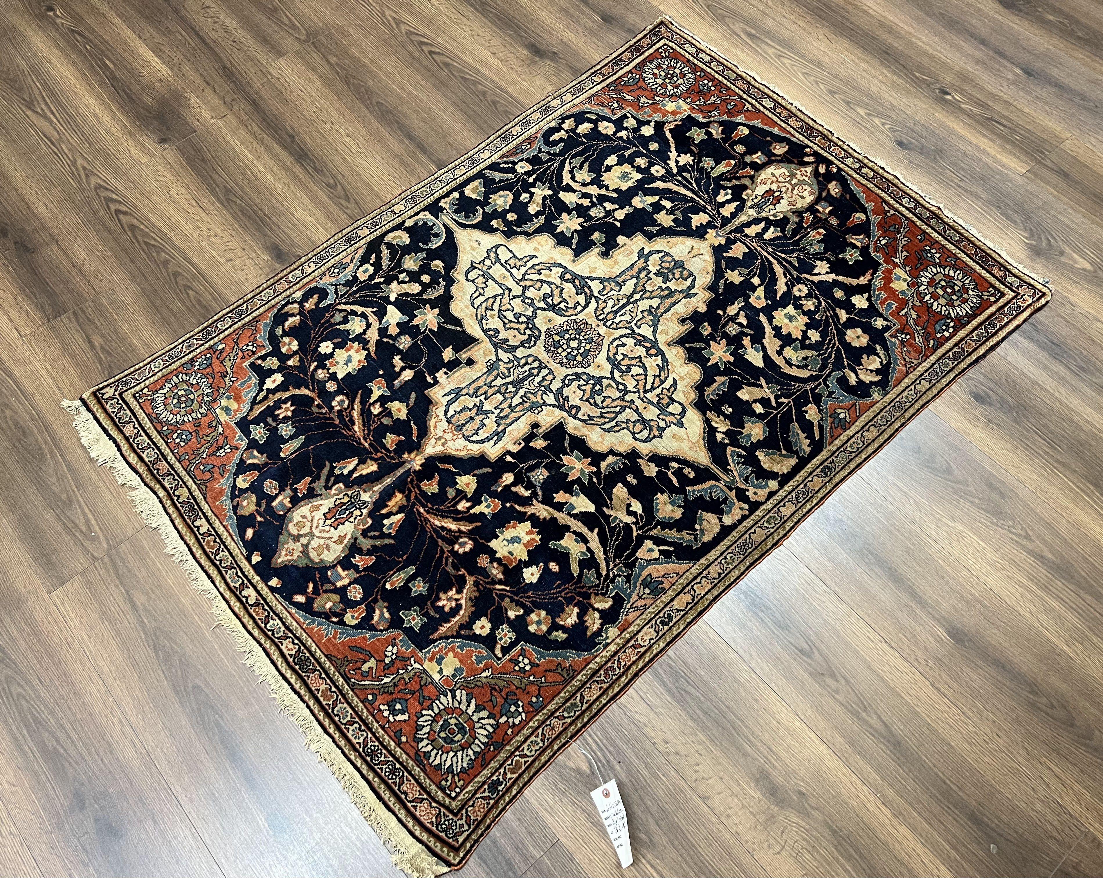 Antique Persian Rug 3.5 x 5, Sarouk Farahan Rug, High Quality 1920s Fine Oriental Carpet 3 x 5 ft, Large Medallion, Floral, Navy Blue Red, Hand Knotted Wool Rug