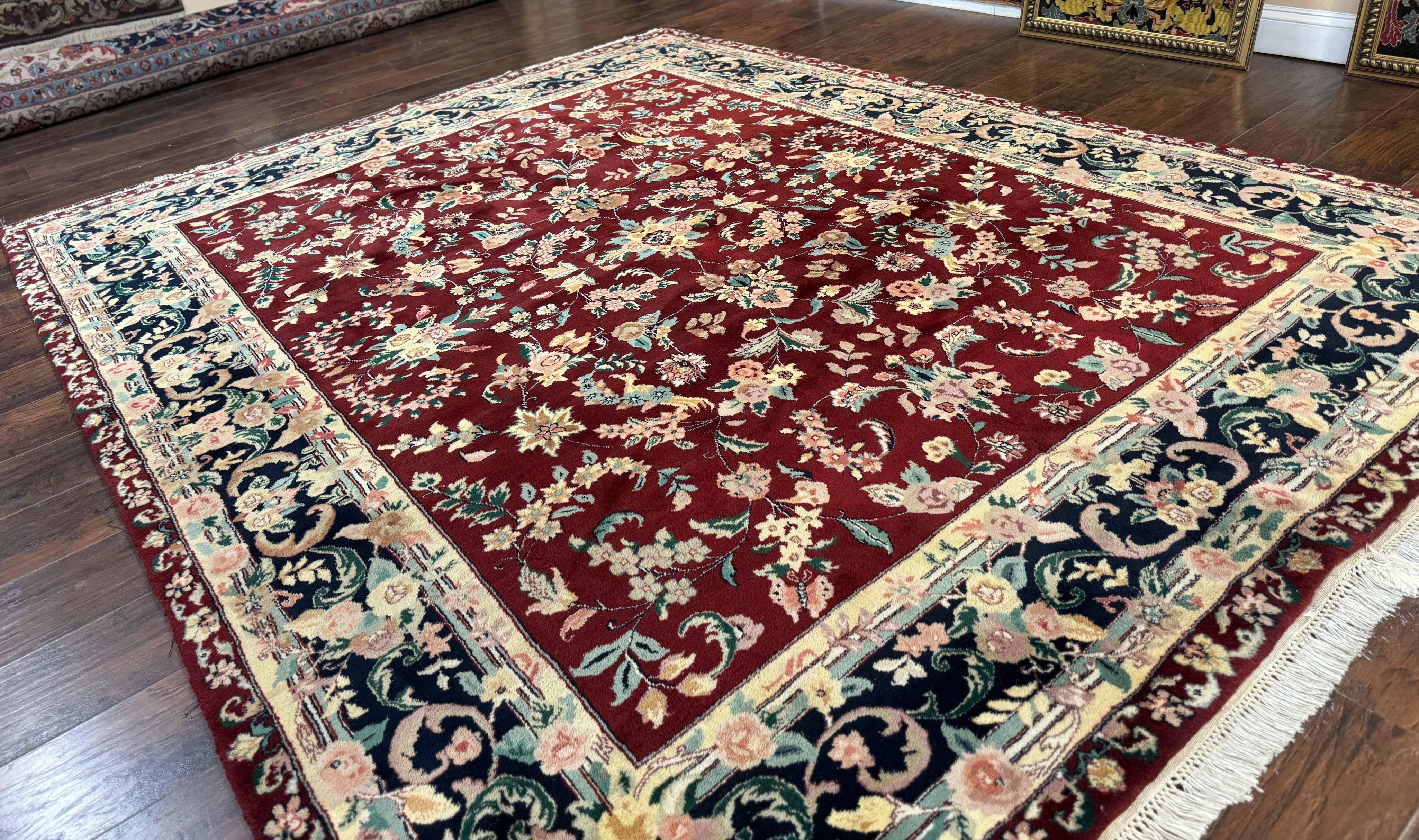 Indo Persian Rug 8x10, Floral Allover with Bird Pictorials, Maroon and Navy Blue, Handmade Wool Area Rug