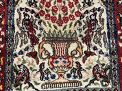 Small Indo Persian Rug 2x3 ft, Wool with Silk Highlights, Animal Pictorial Motifs Birds Vase Flowers, Cream and Maroon, Hand Knotted Fine