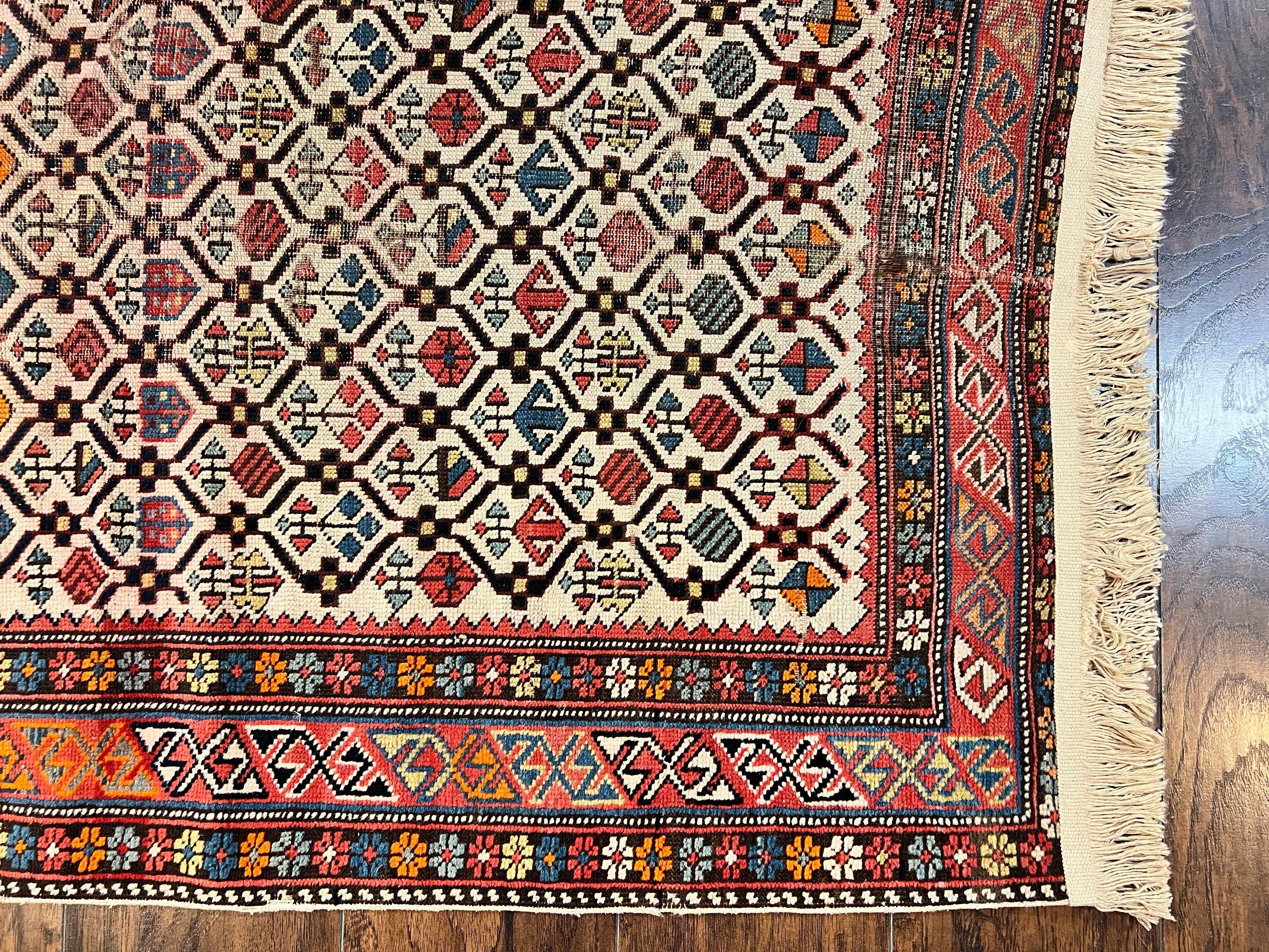 Antique Caucasian Rug 4x5, Hand Knotted Handmade Shirvan Oriental Carpet, Ivory Red Rug Allover Pattern, Rare Wool Rug, Tribal Geometric Rug