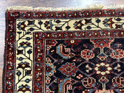 Navy Blue Antique Persian Rug 3x6, Blue and Ivory Persian Carpet, Handmade 1920s Hamadan Rug