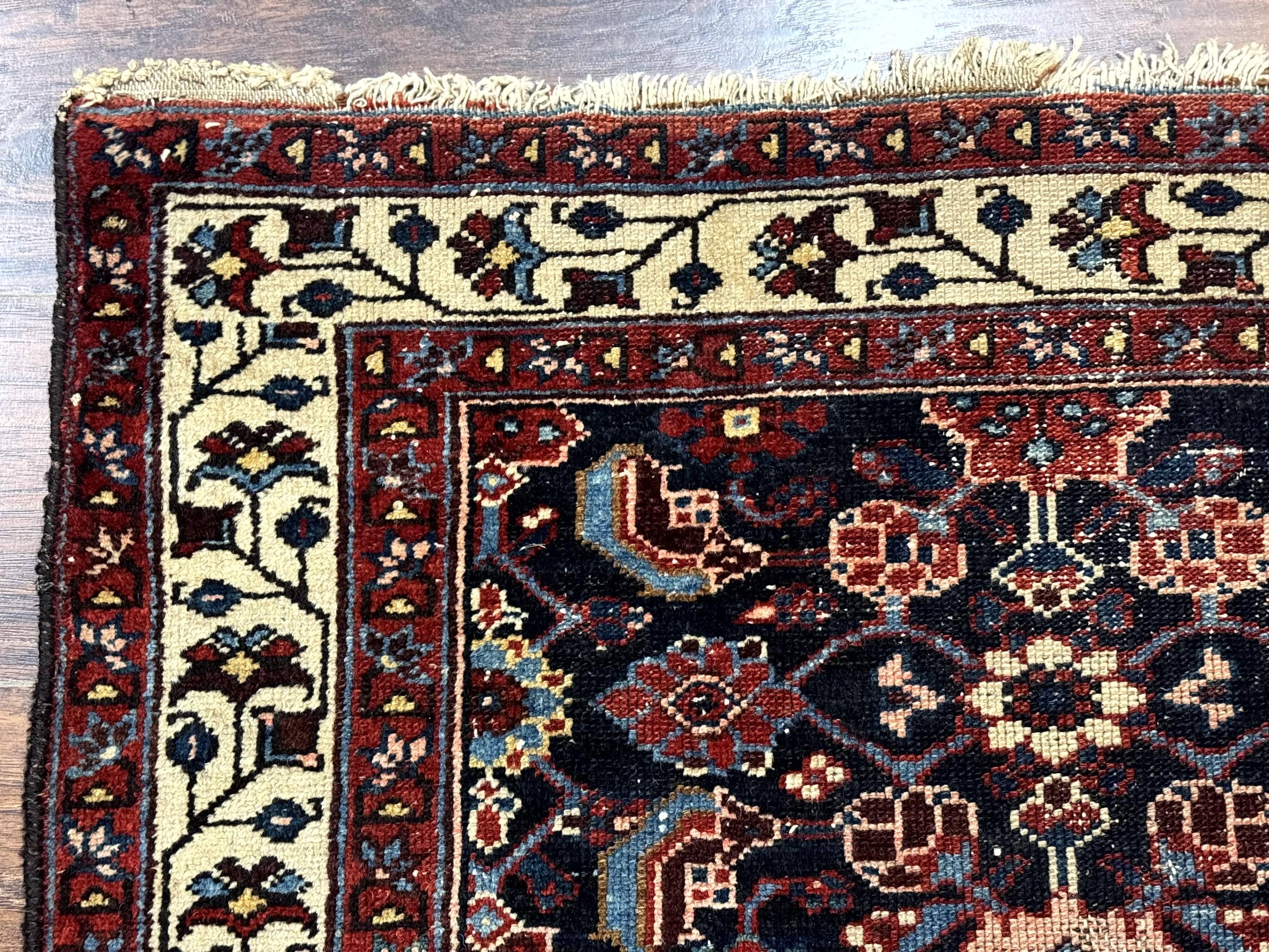 Navy Blue Antique Persian Rug 3x6, Blue and Ivory Persian Carpet, Handmade 1920s Hamadan Rug