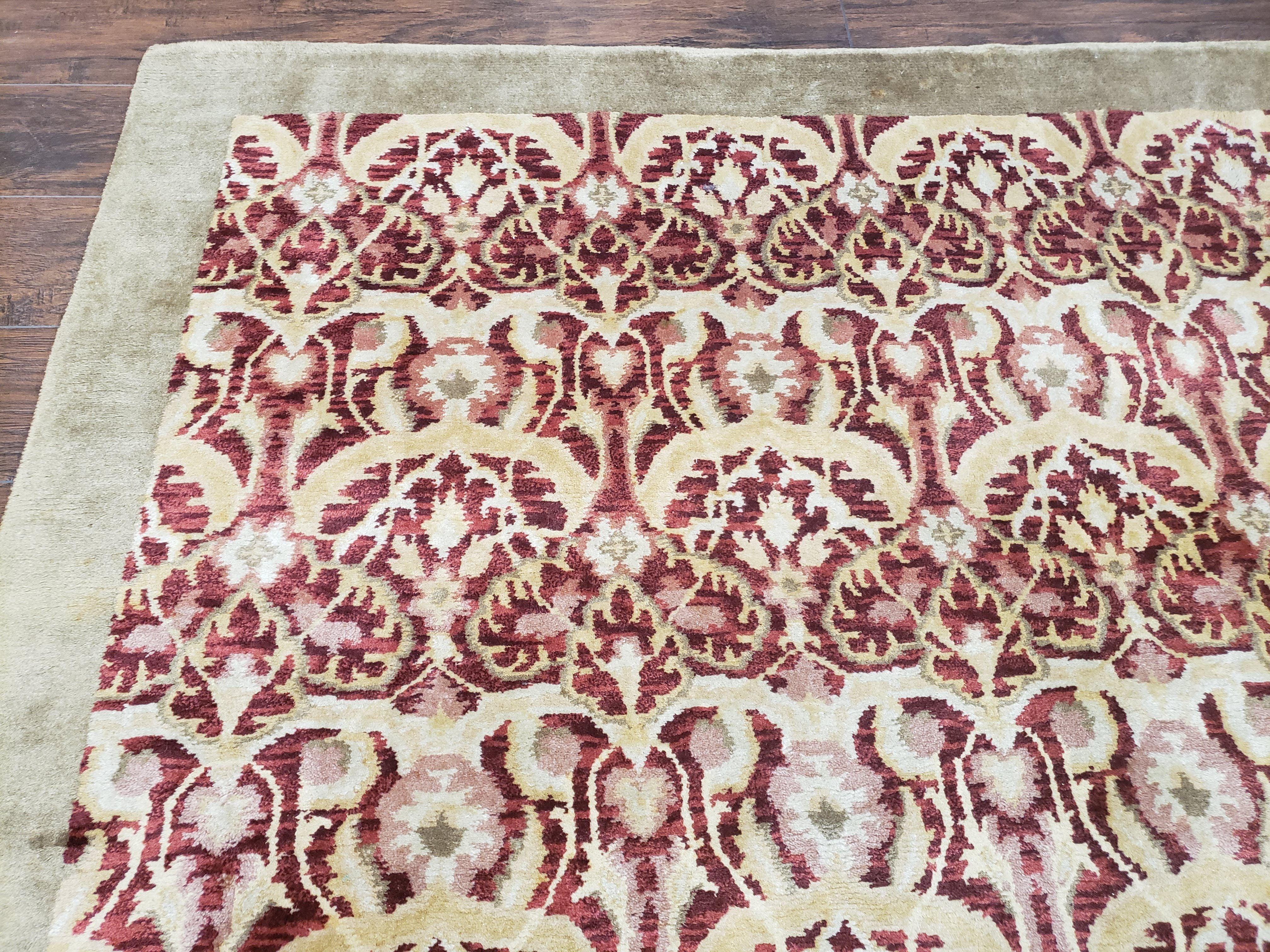 Contemporary Indian Nepalese Room Sized Rug 9 x 11.6, Wool Hand-Knotted Dark Red & Beige Soft Carpet, 9 x 12 Masterloom Living Room Rug