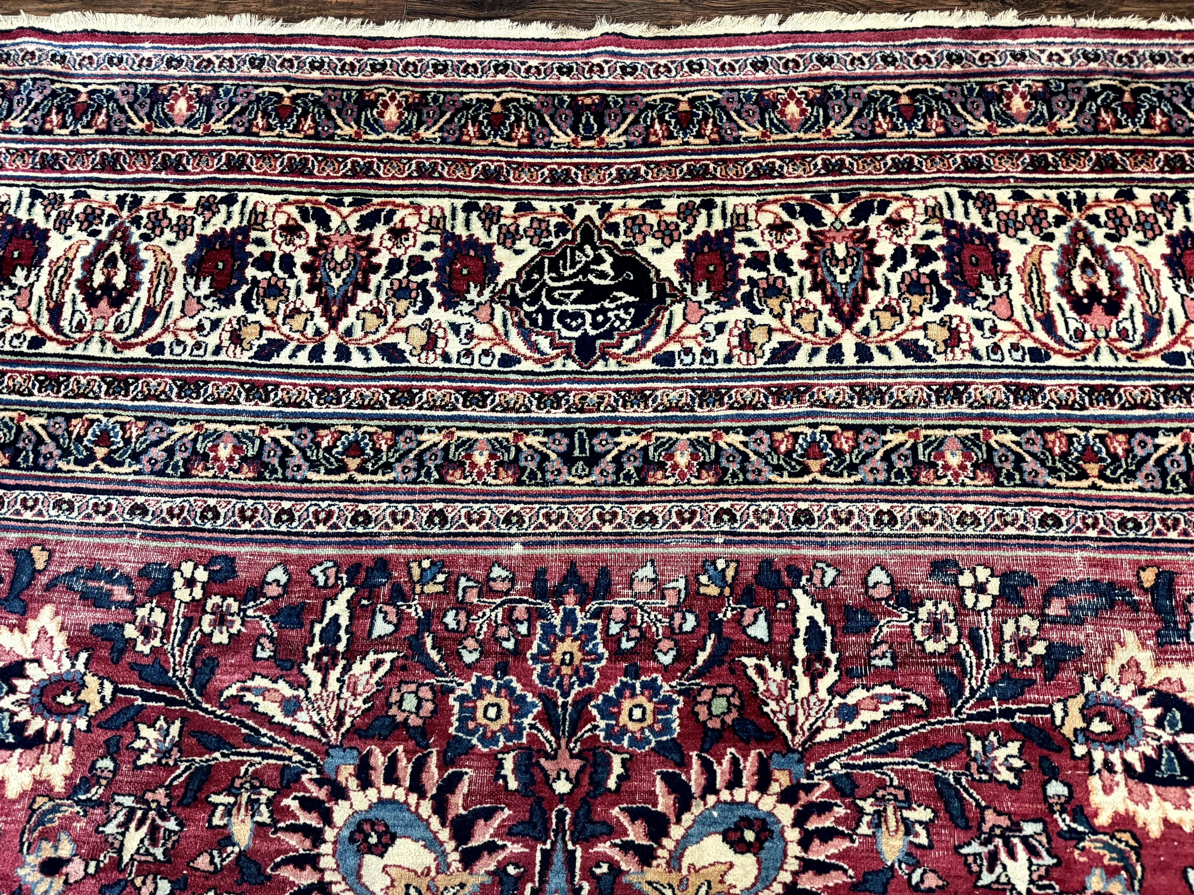 Antique Persian Mashad Rug 10x12, Red and Ivory, Signed by Master Weaver