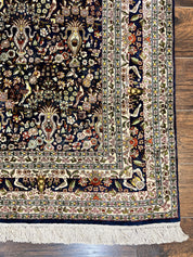 Silk Indian Kashmiri Rug 5x7, Navy Blue Indo Persian Silk Carpet 5 x 7 ft, Hand Knotted Handmade Very Fine Oriental Carpet, 450 KPSI, Birds