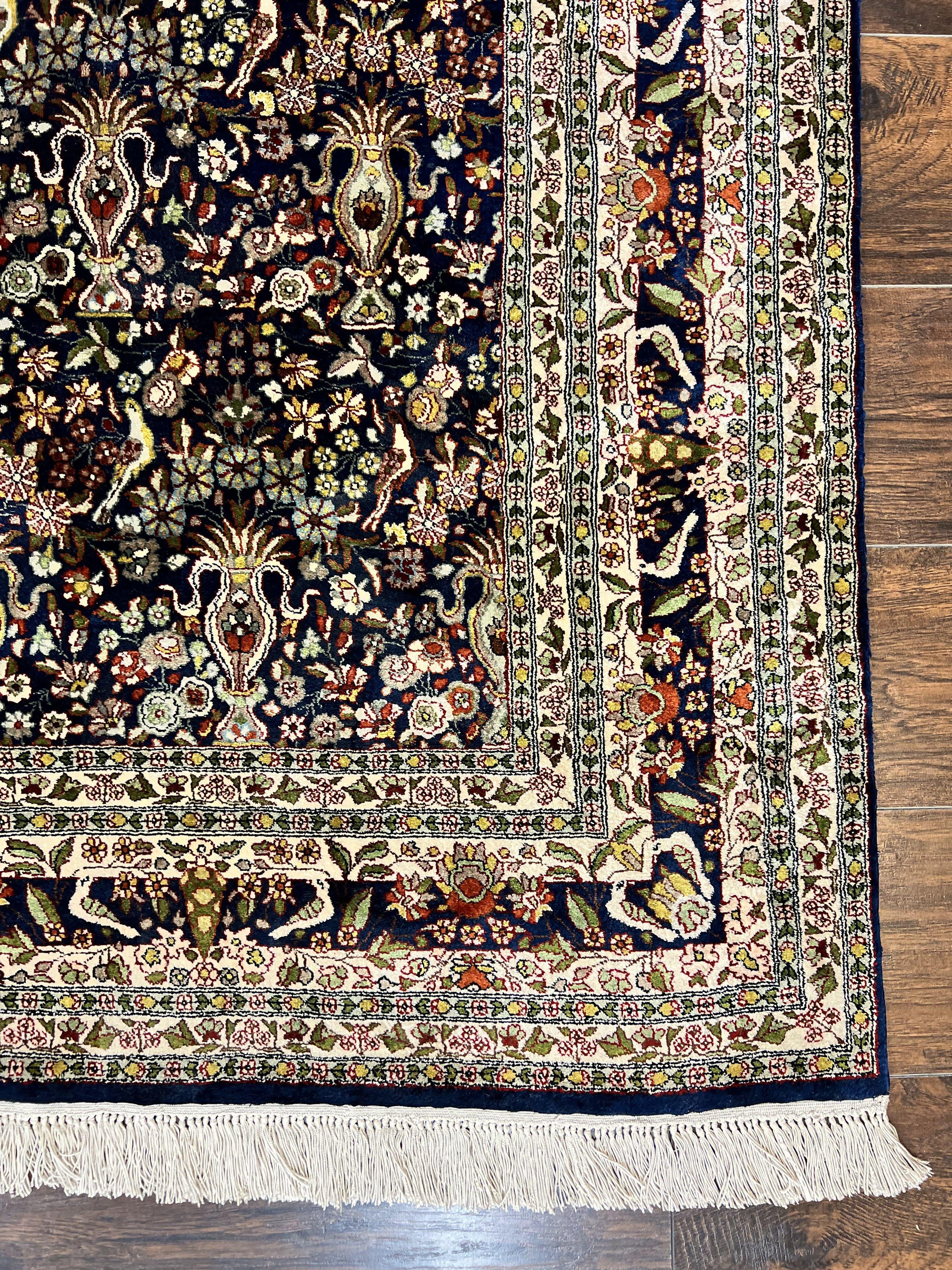 Silk Indian Kashmiri Rug 5x7, Navy Blue Indo Persian Silk Carpet 5 x 7 ft, Hand Knotted Handmade Very Fine Oriental Carpet, 450 KPSI, Birds