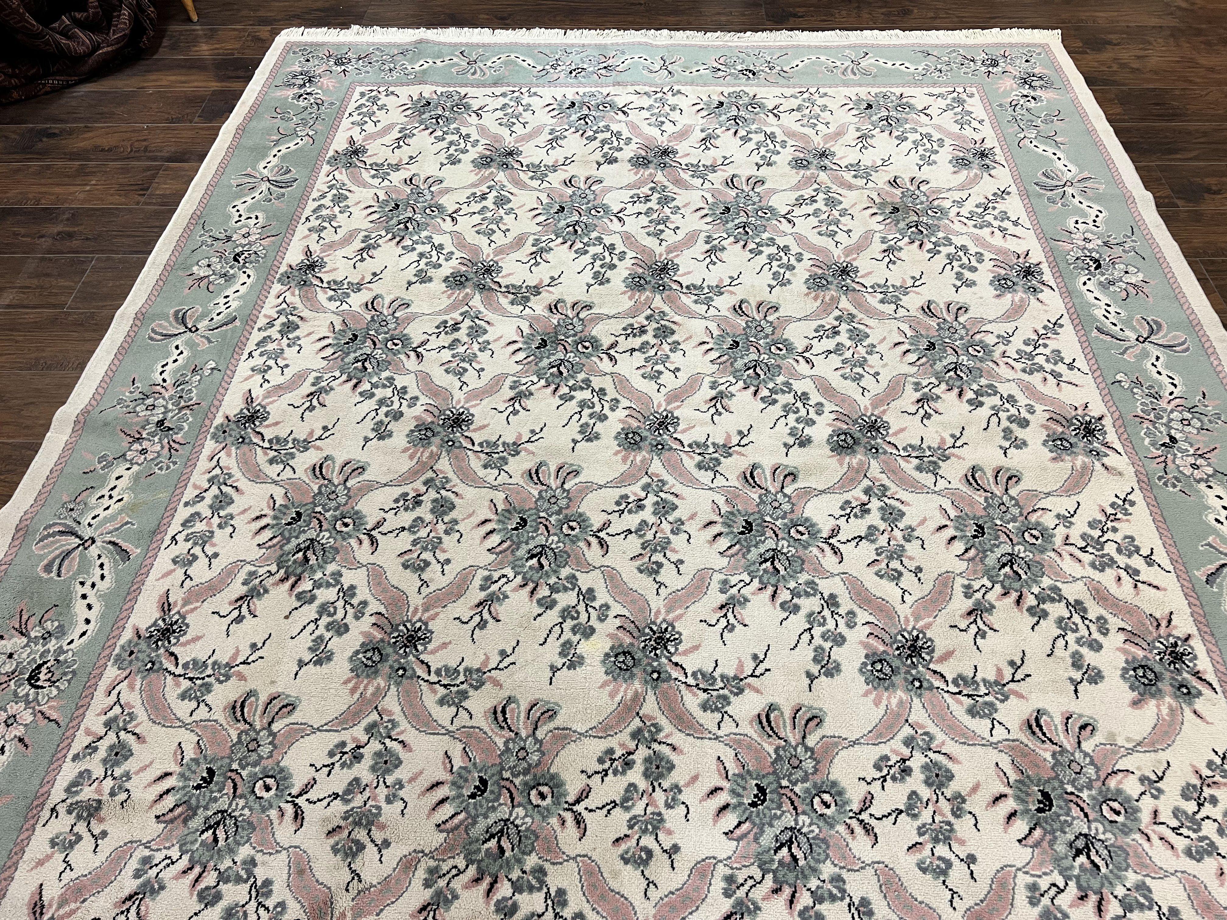 Belgium Power Loomed Rug 8x11, Ivory and Green, Wool Carpet, Floral
