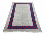 Gray Turkish Kilim Carpet 5' 7" x 7' 7", Medium Kilim Rug, Hand-Knotted, Blue & Red Border, Minimalistic Design, Geometric, Wool, New