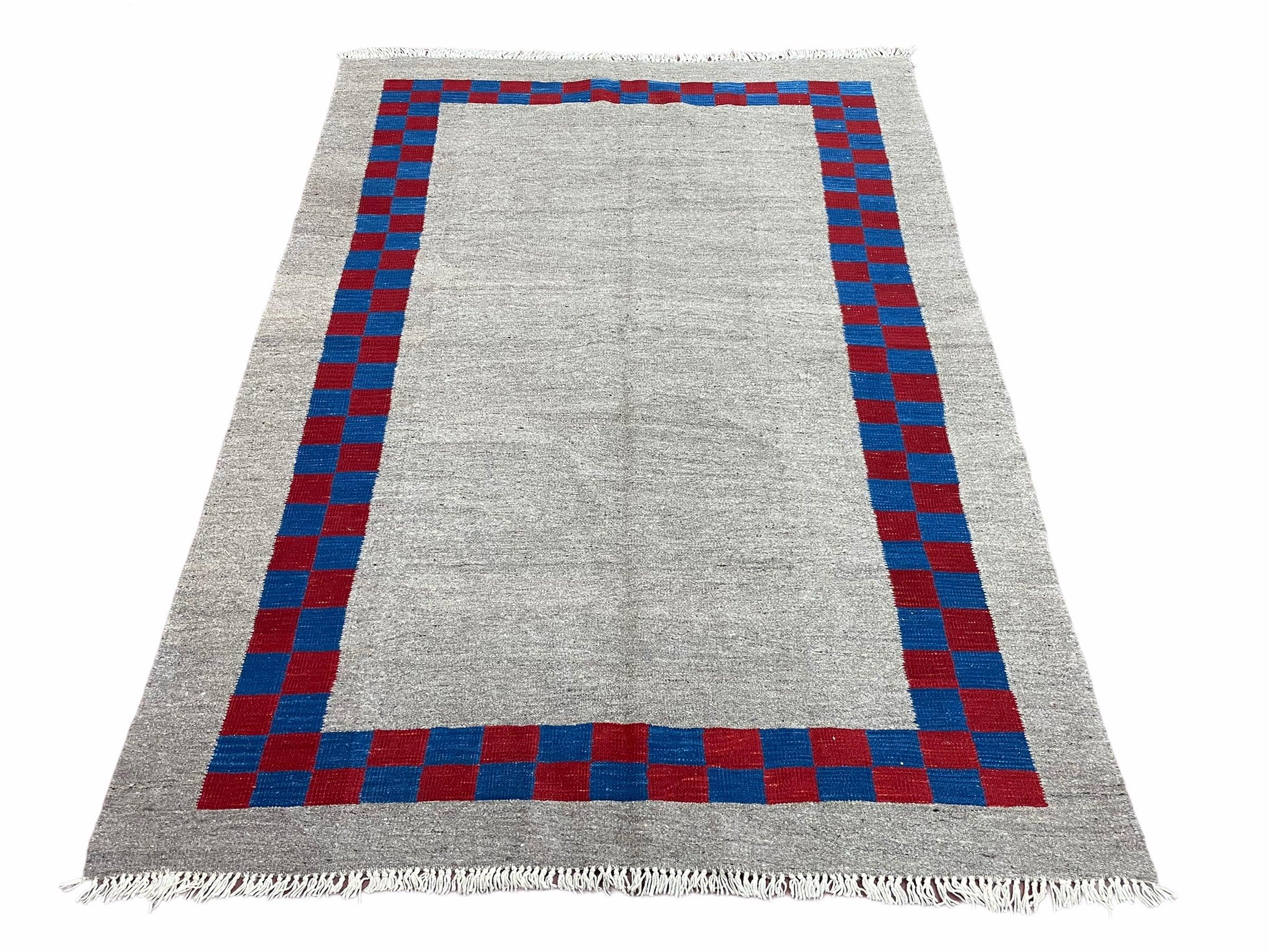 Gray Turkish Kilim Carpet 5' 7" x 7' 7", Medium Kilim Rug, Hand-Knotted, Blue & Red Border, Minimalistic Design, Geometric, Wool, New