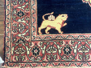 Antique Persian Mashad Rug 4x6, Semi Open Field, Navy Blue, Lion Pictorials, Triple Medallion, Dorokhsh Rug
