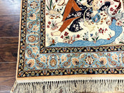 Persian Isfahan Pictorial Rug, Two Lovers, Kork Wool on Silk Foundation, Ivory and Light Blue, 500 KPSI Super Fine