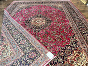 Persian Rug 10x13, Wool Hand Knotted Antique Kashmar Carpet, Raspberry Red & Navy Blue, Floral Medallion, Traditional Oriental Rug 10 x 13