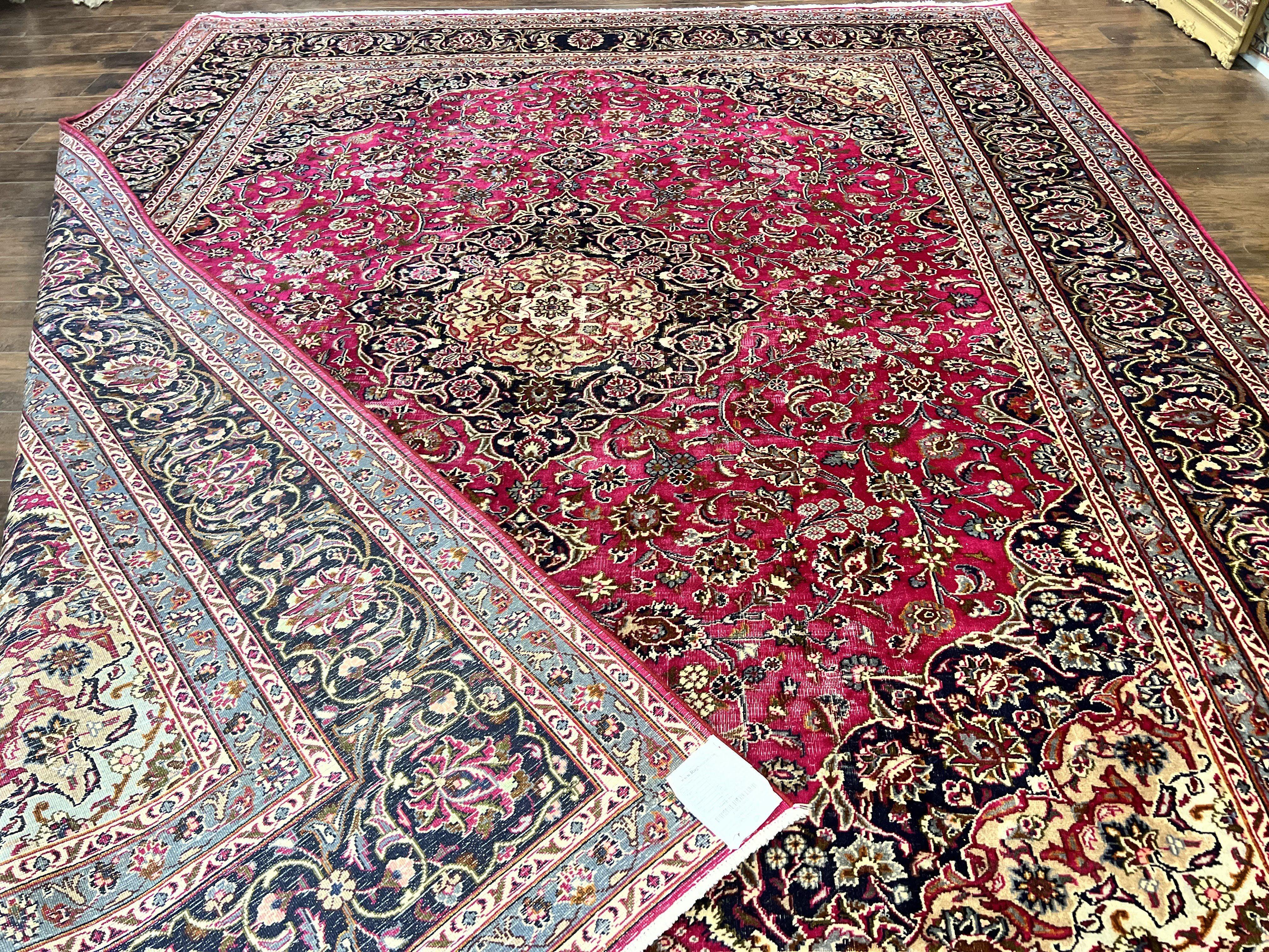 Persian Rug 10x13, Wool Hand Knotted Antique Kashmar Carpet, Raspberry Red & Navy Blue, Floral Medallion, Traditional Oriental Rug 10 x 13