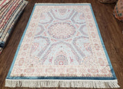 4x6 Silk Carpet, Light Blue & Beige Oriental Rug 4 x 6ft, Traditional Design Medallion All Over, Bamboo Silk, Super Fine, High Quality, Soft