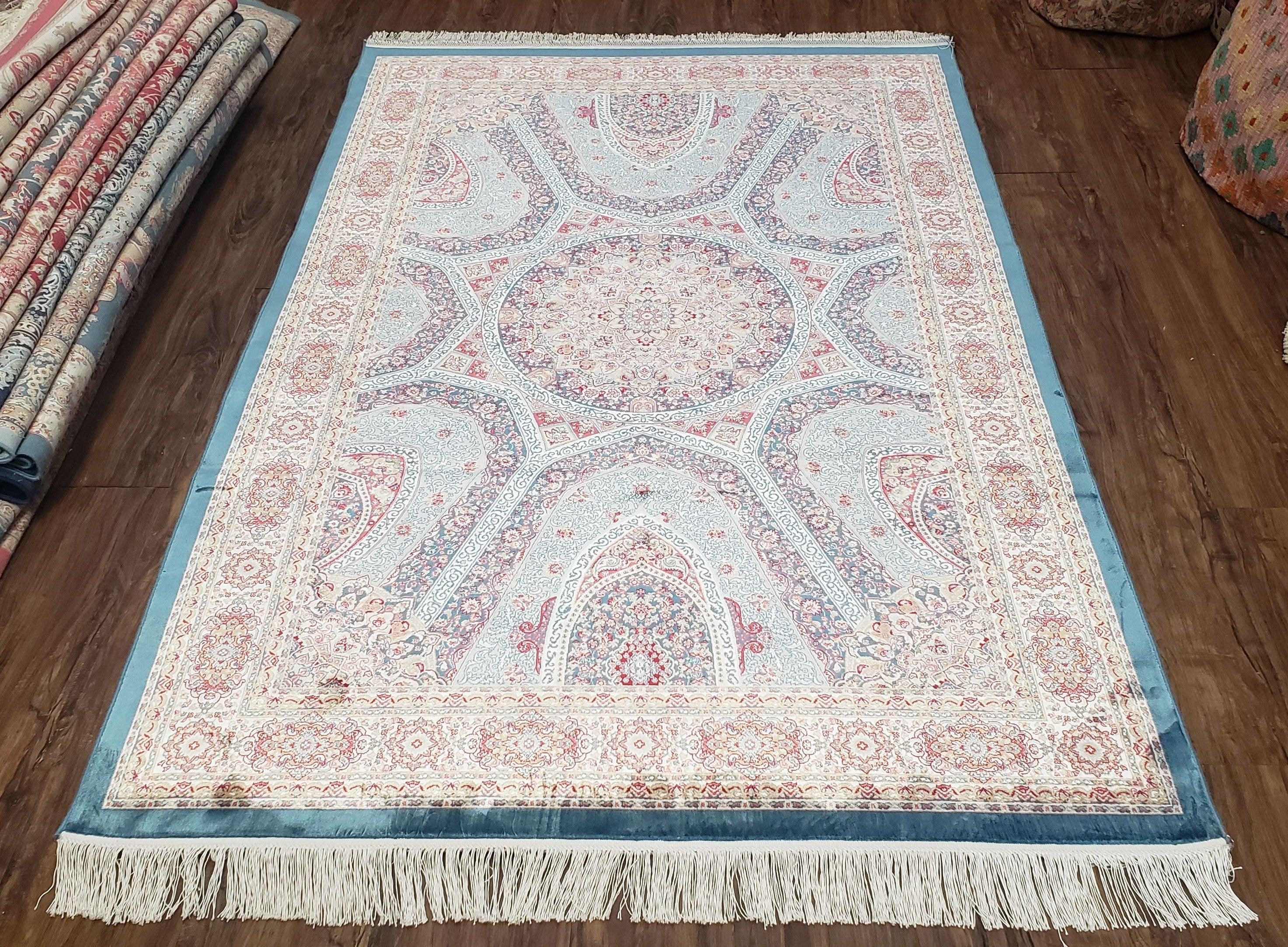 4x6 Silk Carpet, Light Blue & Beige Oriental Rug 4 x 6ft, Traditional Design Medallion All Over, Bamboo Silk, Super Fine, High Quality, Soft