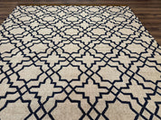 Indian Kilim Rug 8x10, Oat and Navy Blue, Dhurrie Carpet, Handmade, Wool