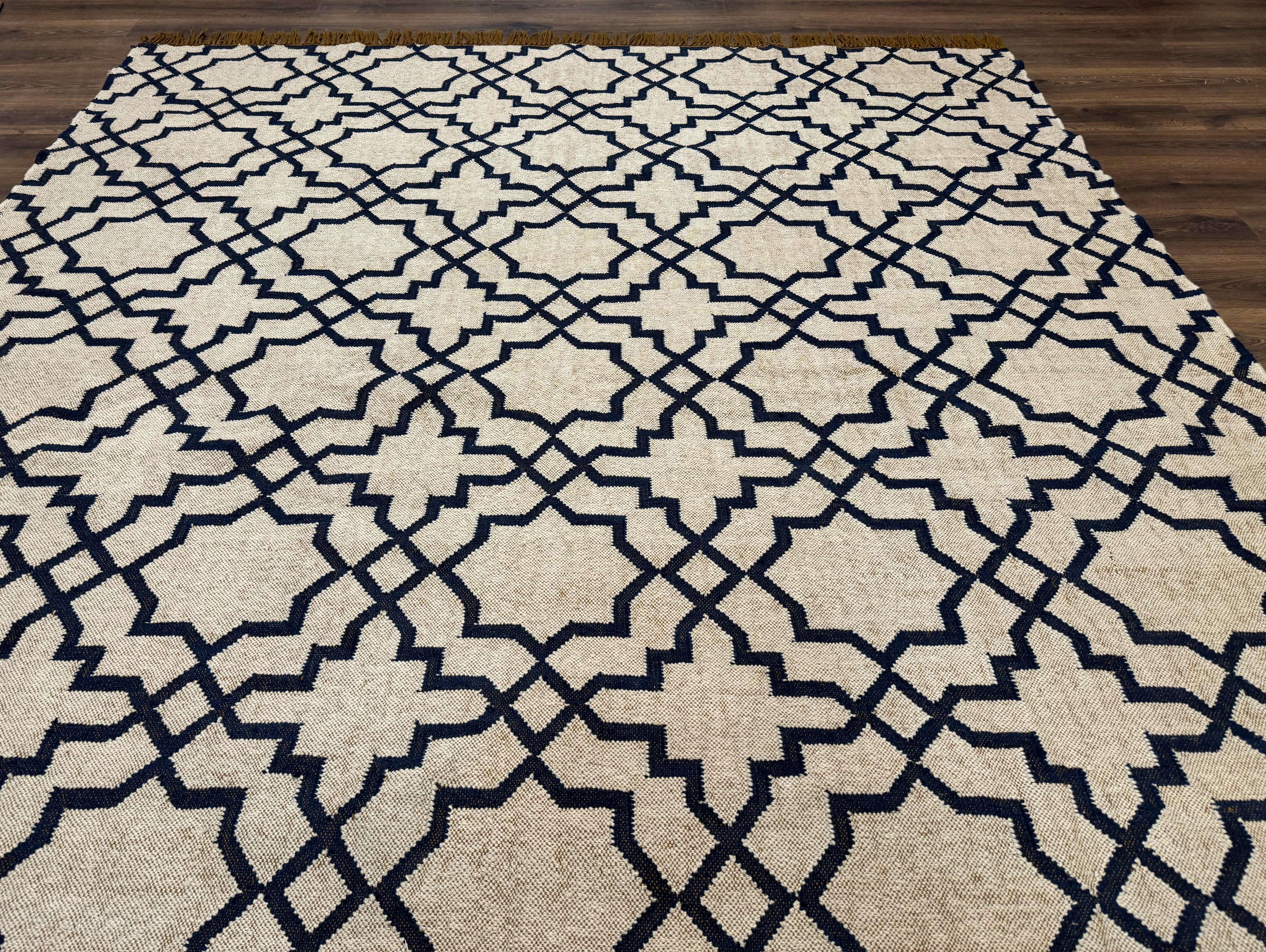 Indian Kilim Rug 8x10, Oat and Navy Blue, Dhurrie Carpet, Handmade, Wool