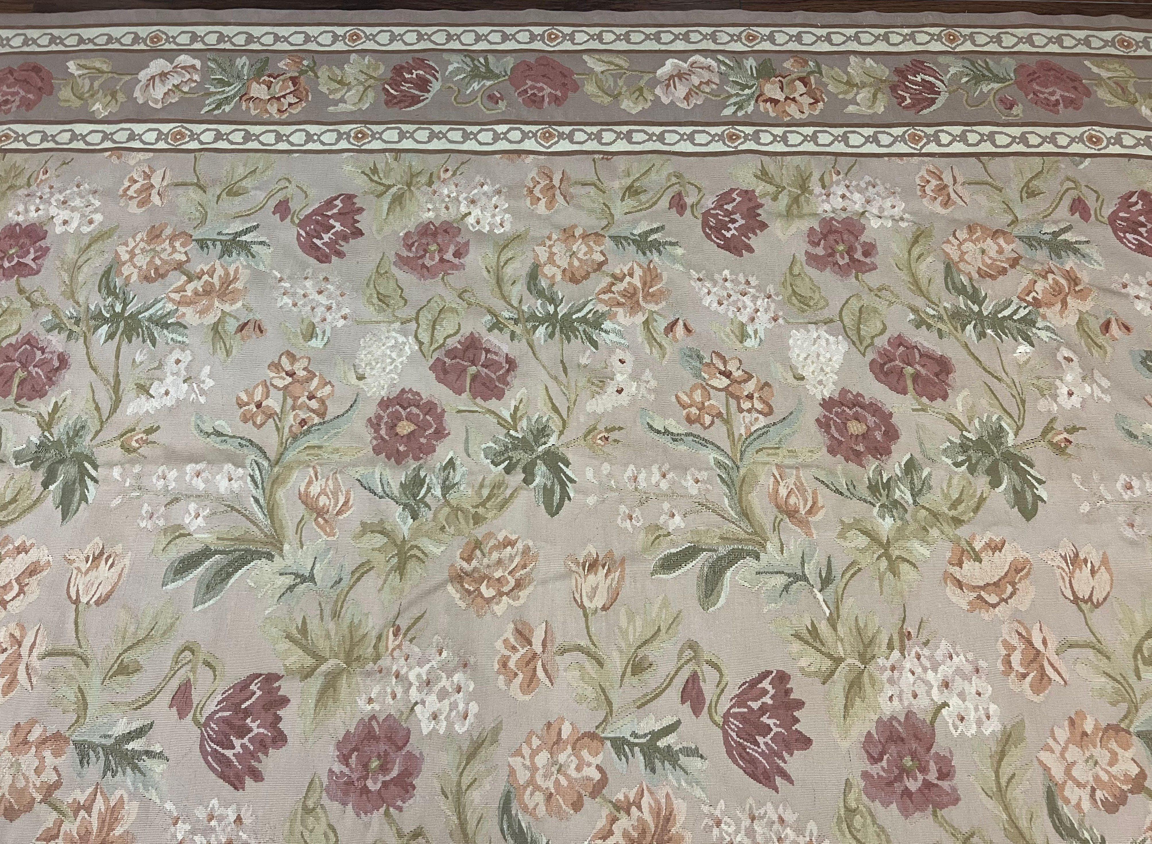 Aubusson Rug 9x12, Pink Beige Light Mauve, Handmade Allover Floral Roses, Wool Flatweave Carpet 9 x 12 ft, European French Design, Elegant