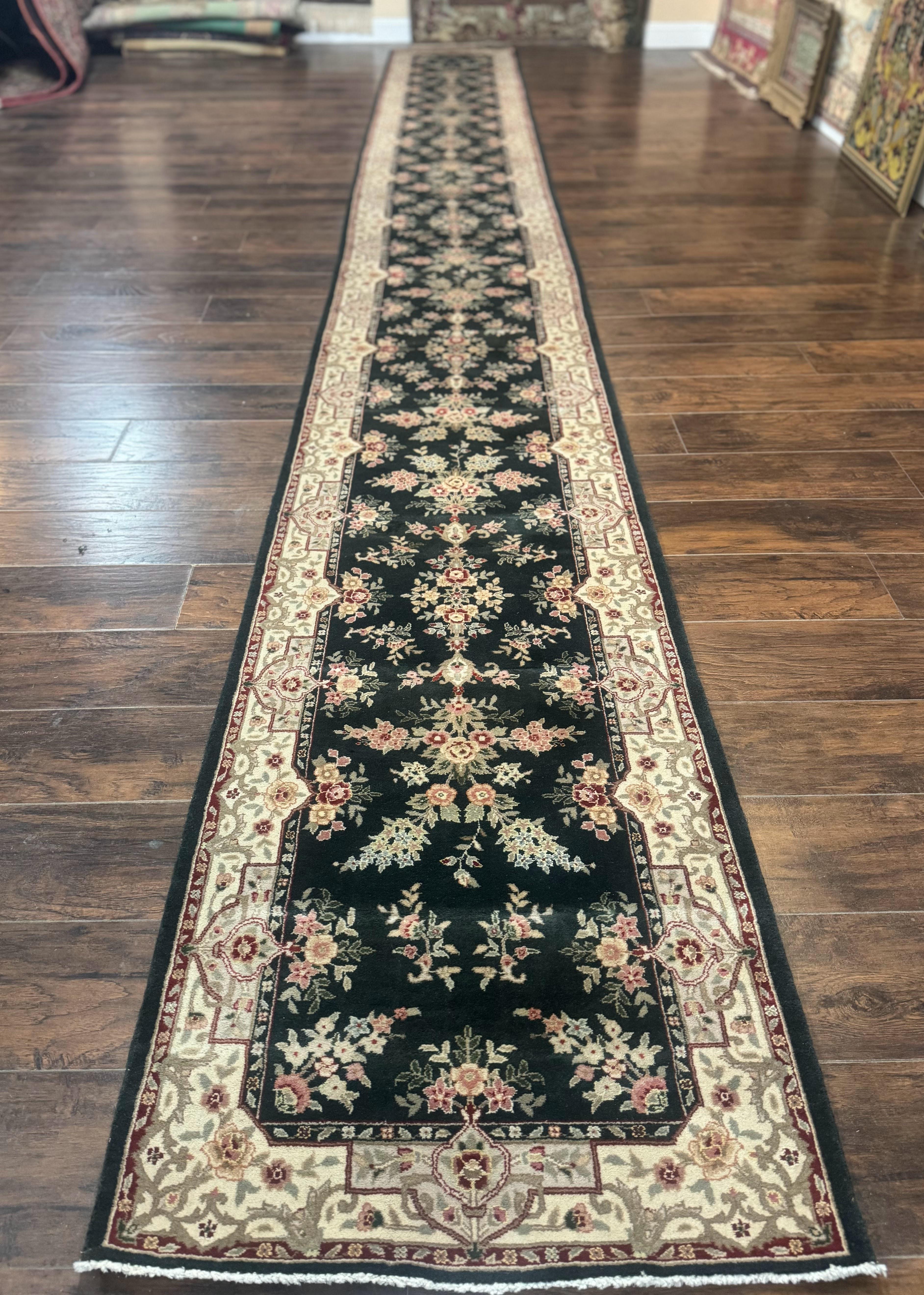 Long Pak Persian Runner Rug 2.7 x 21, Floral Allover, Dark Green and Beige, Handmade Wool Runner Rug, 21ft Runner for Hallway