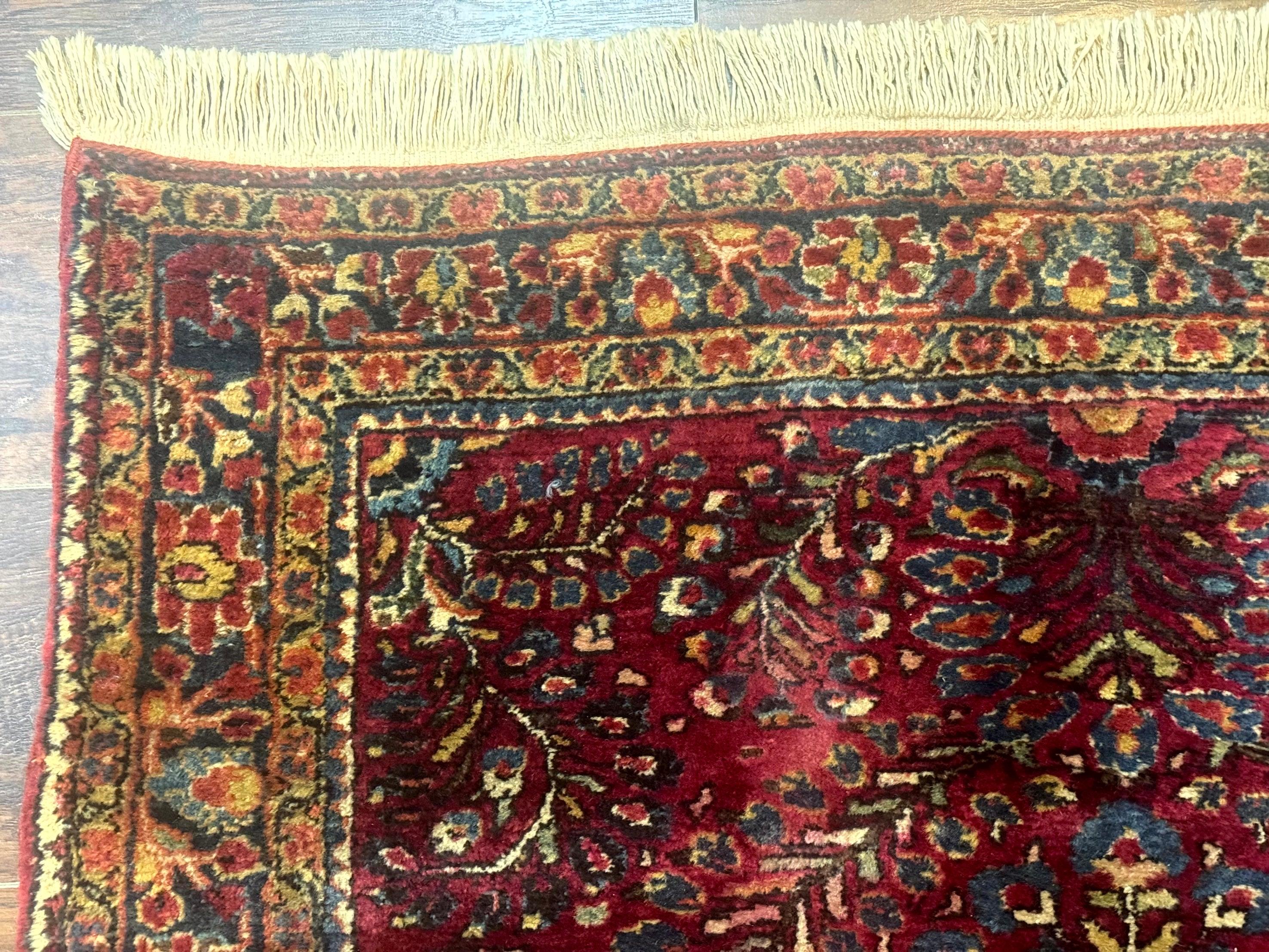 Antique Persian Sarouk Rug 3.6 x 5, Red, 1920s Persian Carpet