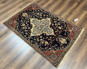 Antique Persian Rug 3.5 x 5, Sarouk Farahan Rug, High Quality 1920s Fine Oriental Carpet 3 x 5 ft, Large Medallion, Floral, Navy Blue Red, Hand Knotted Wool Rug